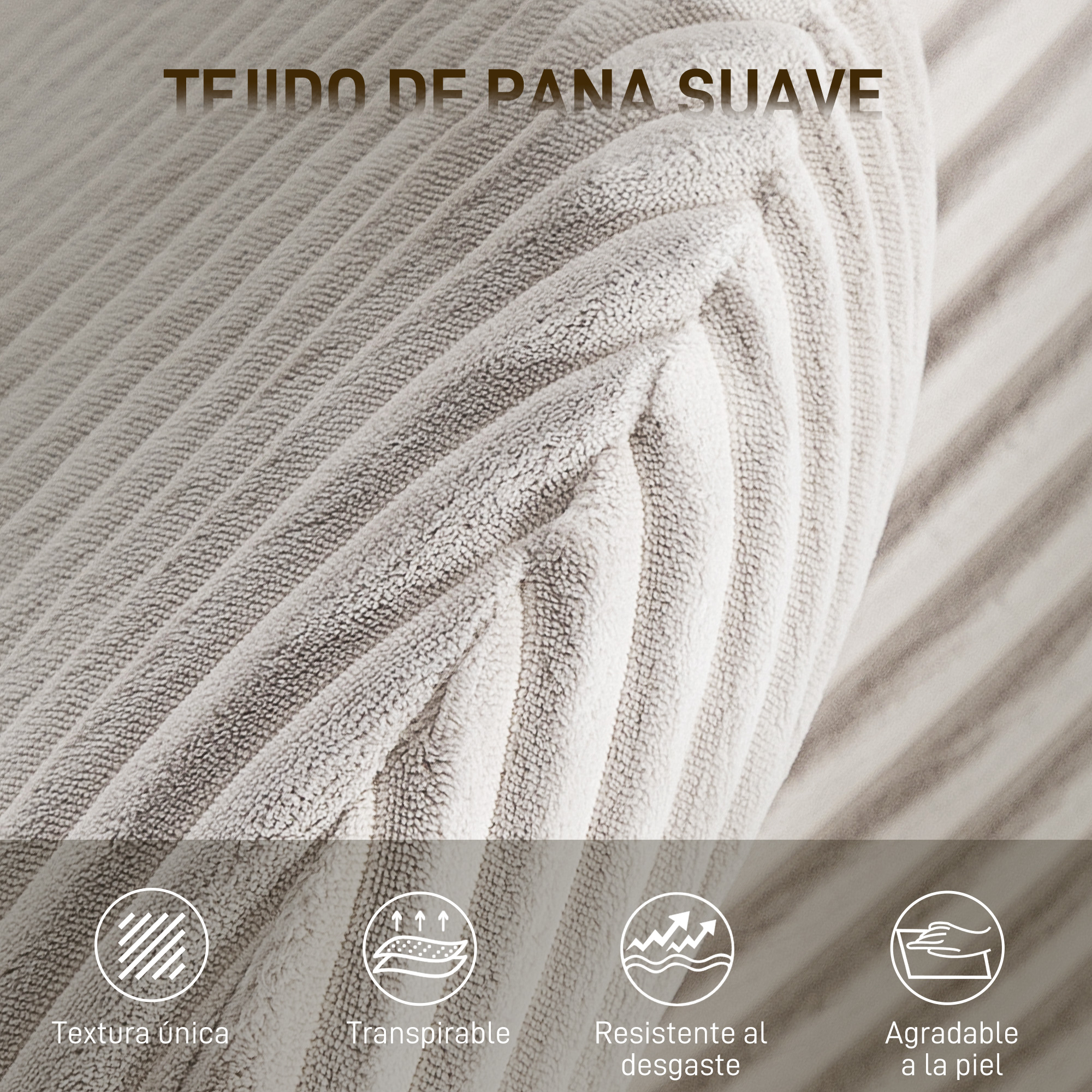 Tejido de pana suave con costillas verticales e iconos de textura y confort.