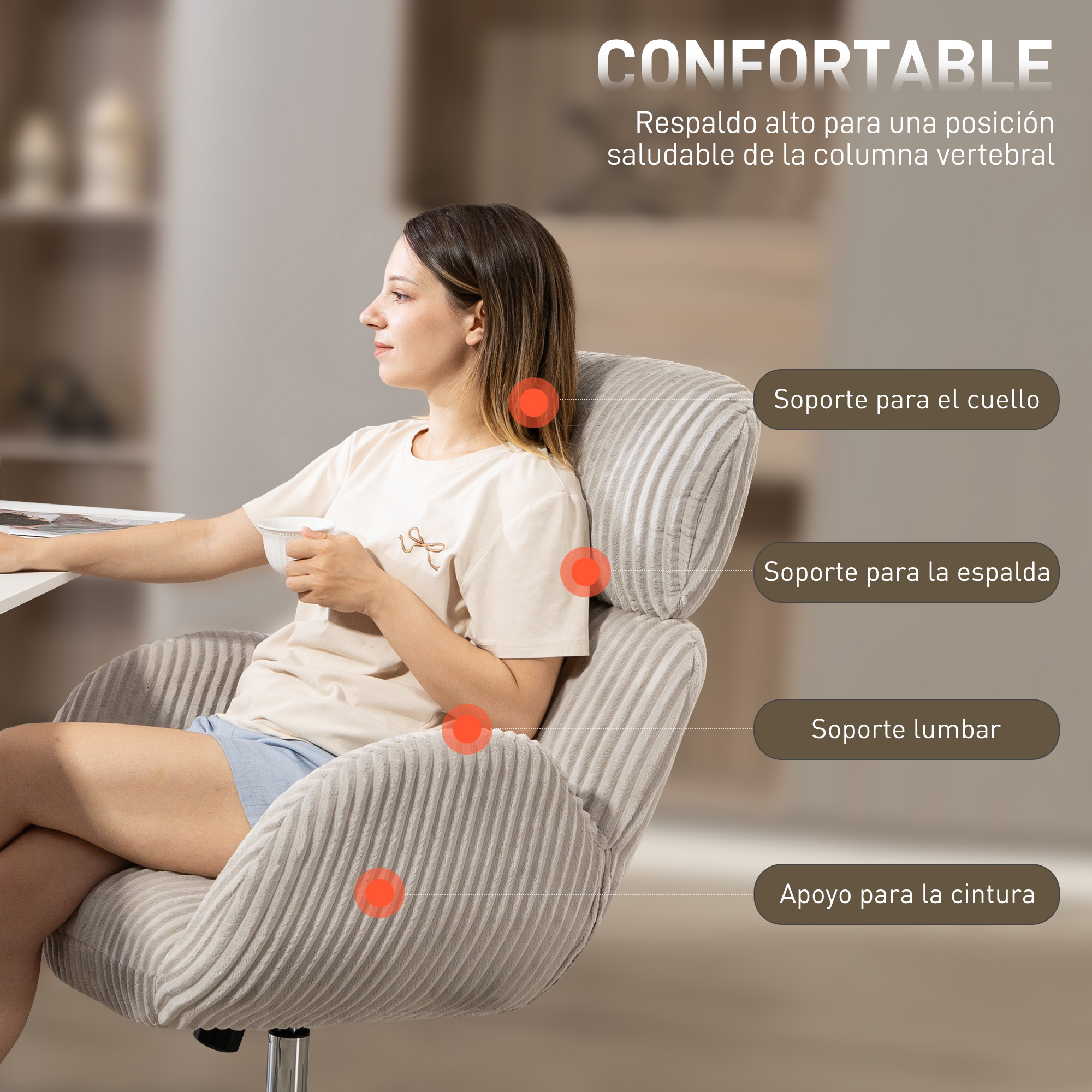 Una mujer sentada en silla de pana beige con soporte de cuello, espalda y lumbar.