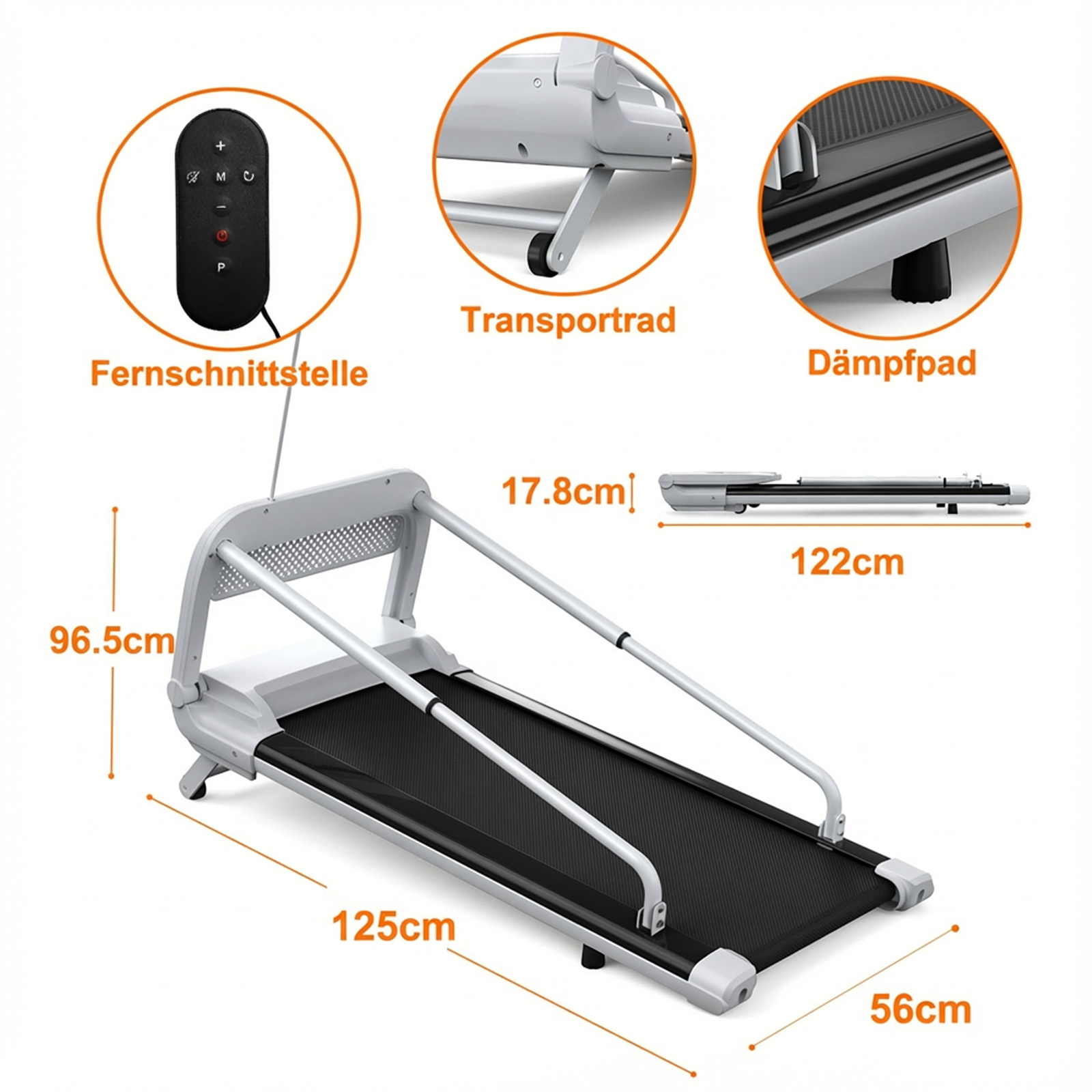 Ein weißes Laufband mit Fernbedienung, Maßen und Details.