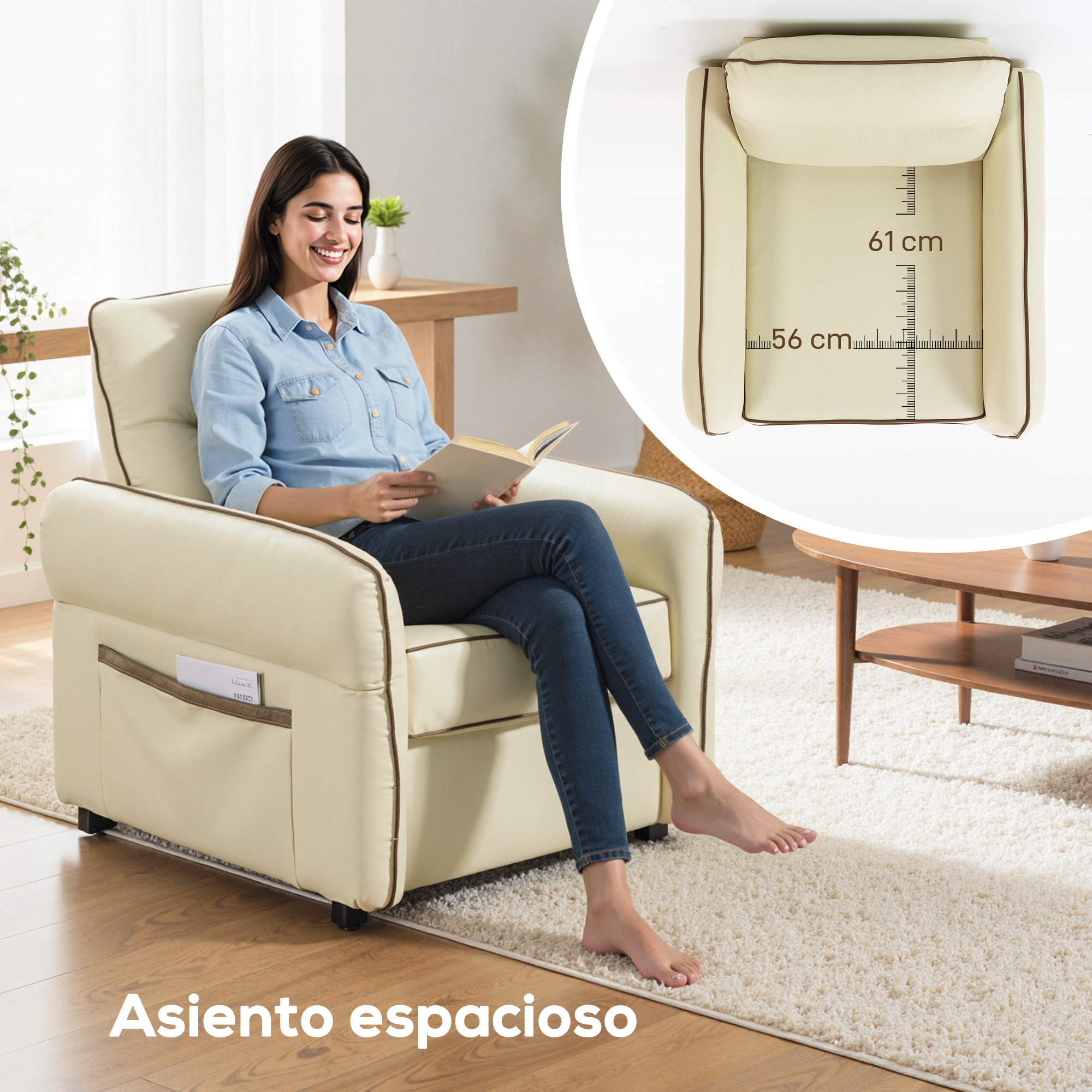 Mujer leyendo libro en sillón beige. Medidas 61x56 cm.