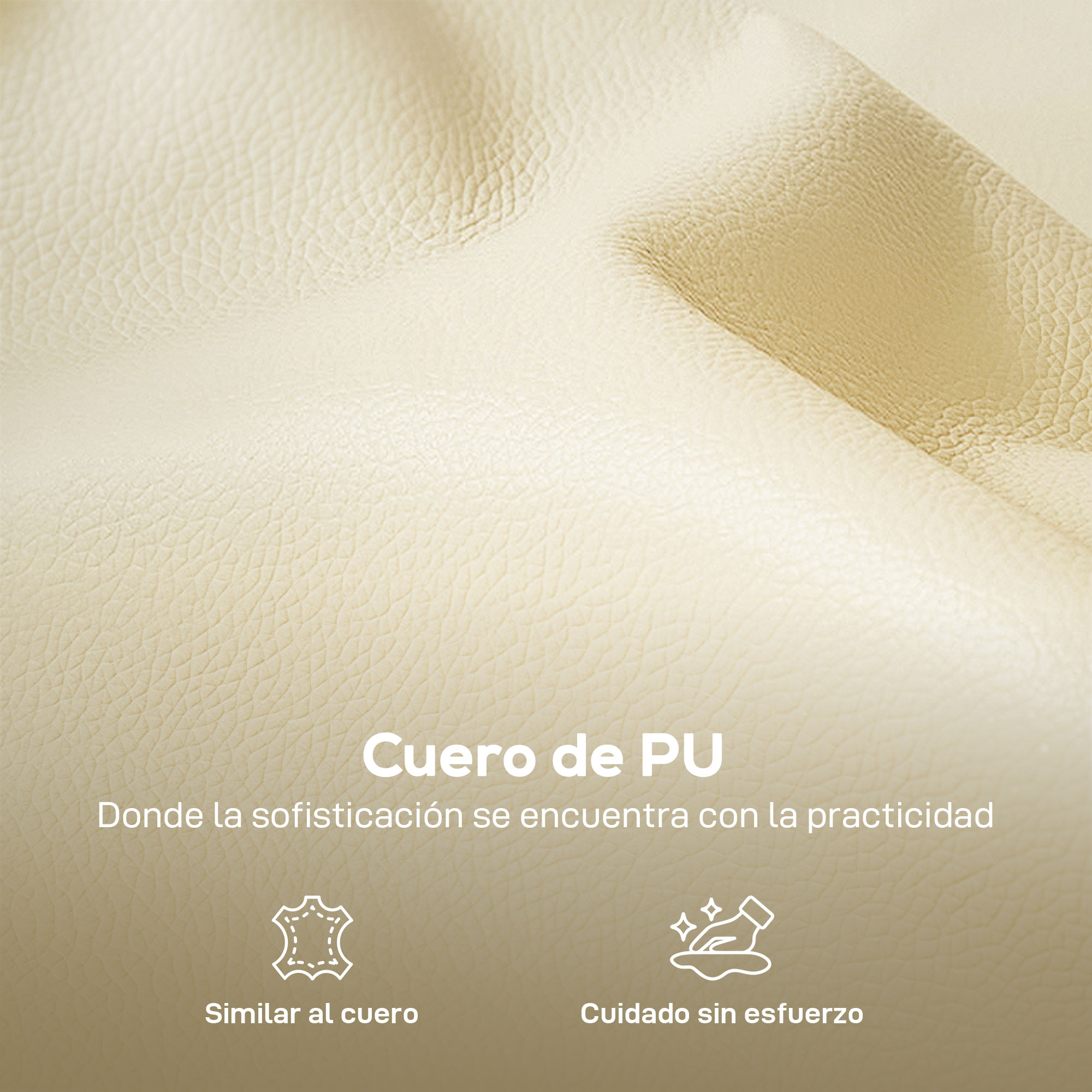 Primer plano de textura de cuero PU beige con texto.