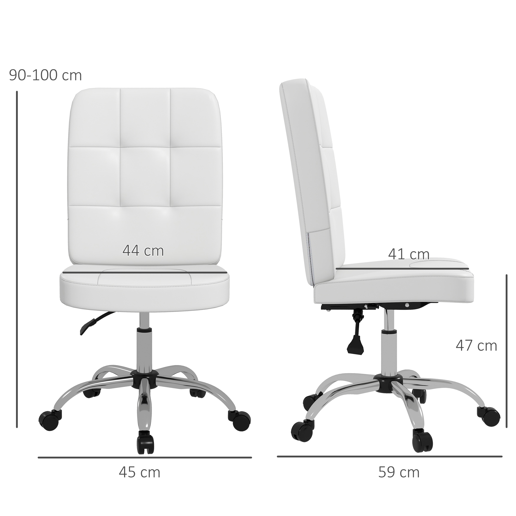Silla de oficina blanca con ruedas. Dimensiones: Al 90-100cm, An 44cm, Pr 41cm, Asiento 47cm.