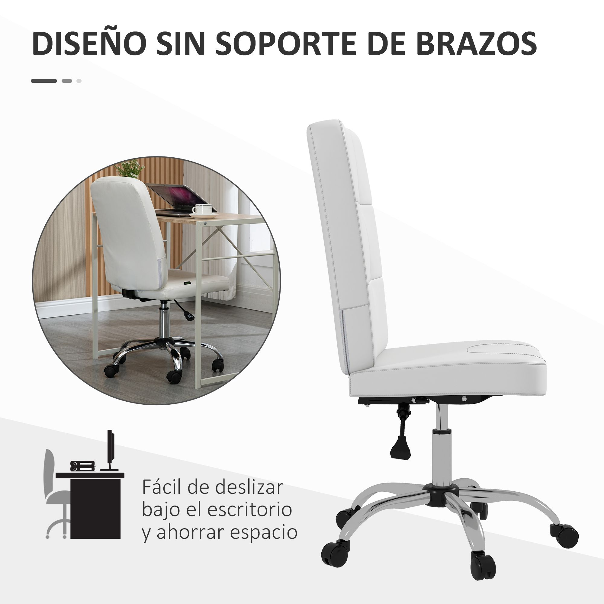 Una silla de oficina blanca sin brazos con base cromada y ruedas junto a un escritorio.
