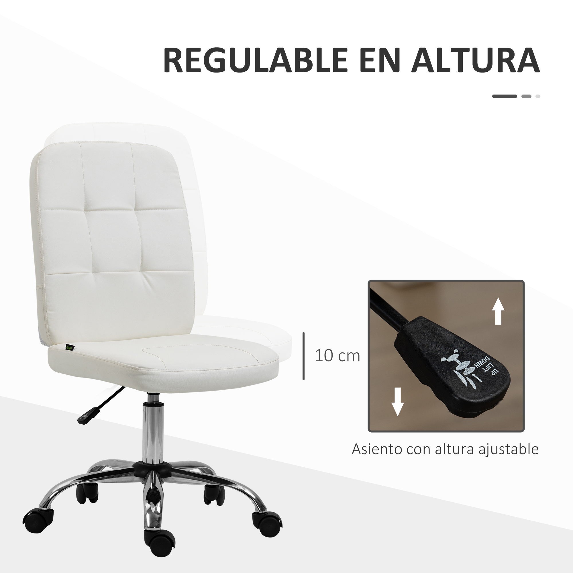 Una silla de oficina blanca con palanca de altura ajustable y ajuste de 10 cm.