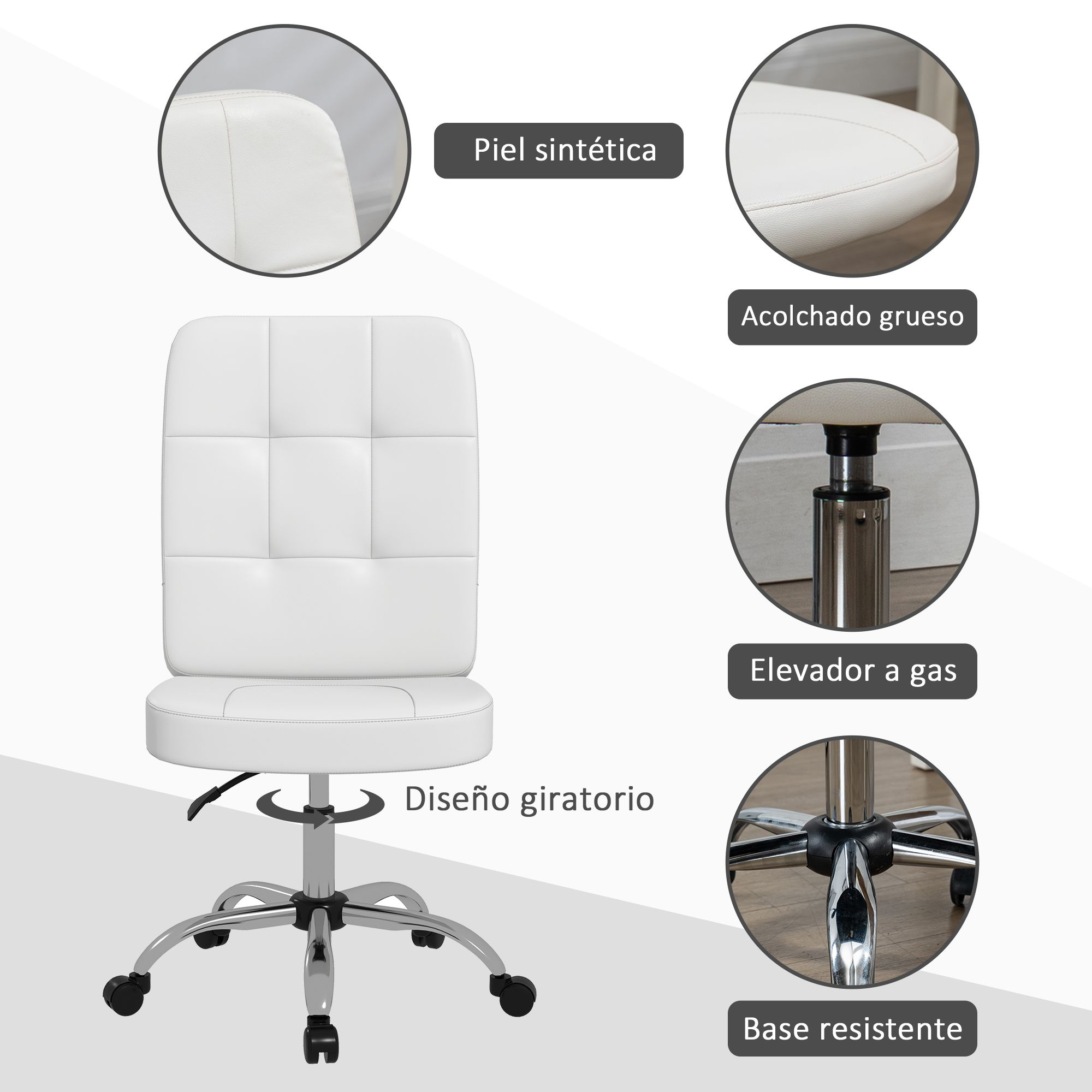 Silla de oficina blanca con 5 ruedas, elevador de gas, asiento y respaldo acolchados.