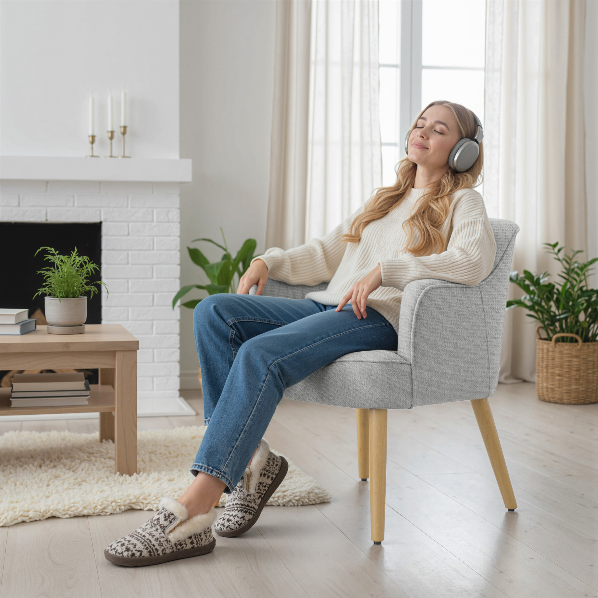 Una mujer con auriculares sentada relajada en un sillón escuchando música.