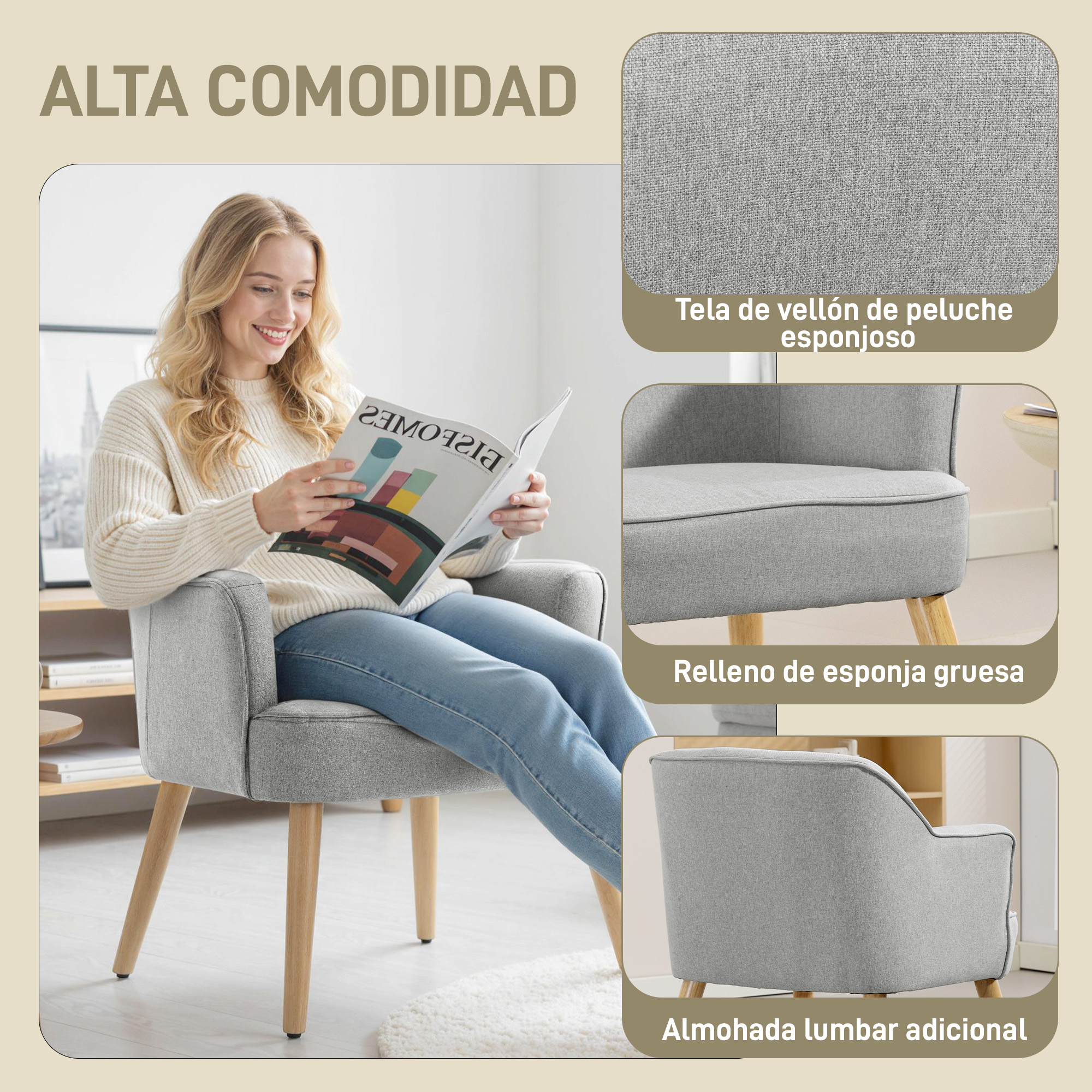 Una mujer lee en un sillón gris con patas de madera. Se muestran detalles de tela.