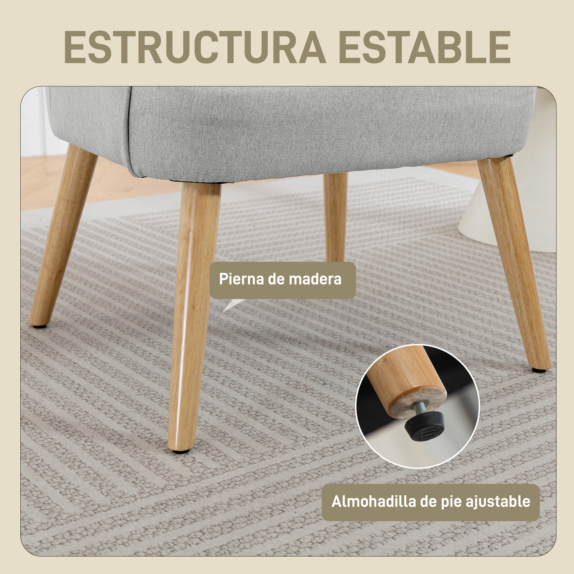 Silla gris con patas de madera sobre alfombra. Almohadillas de pie ajustables.