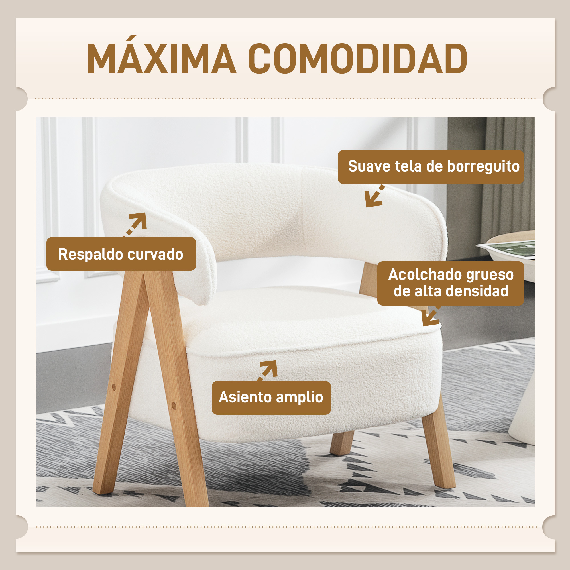 Un sillón blanco con tela de borreguito y patas de madera.