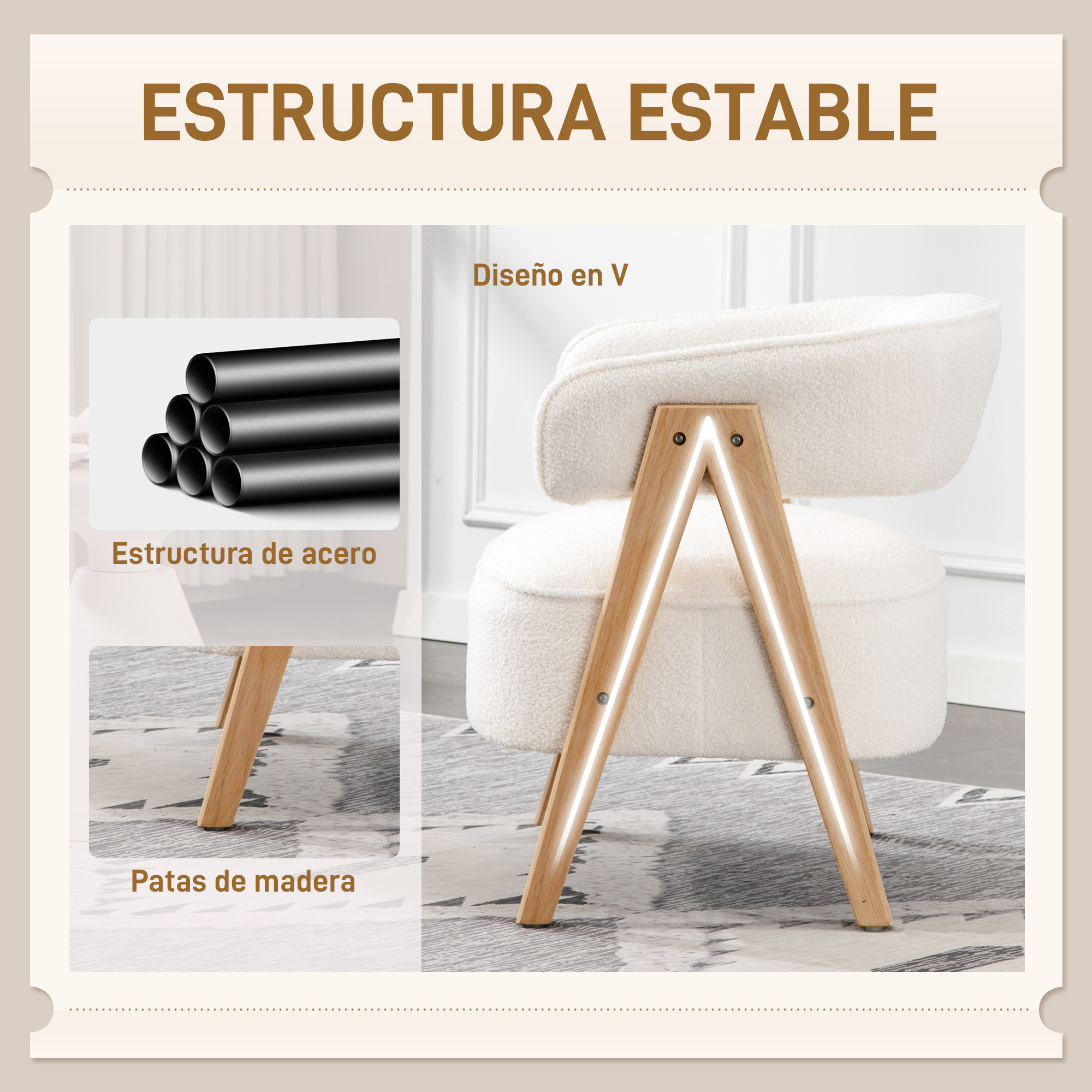 Una silla blanca de rizo con patas de madera e iluminación LED integrada.
