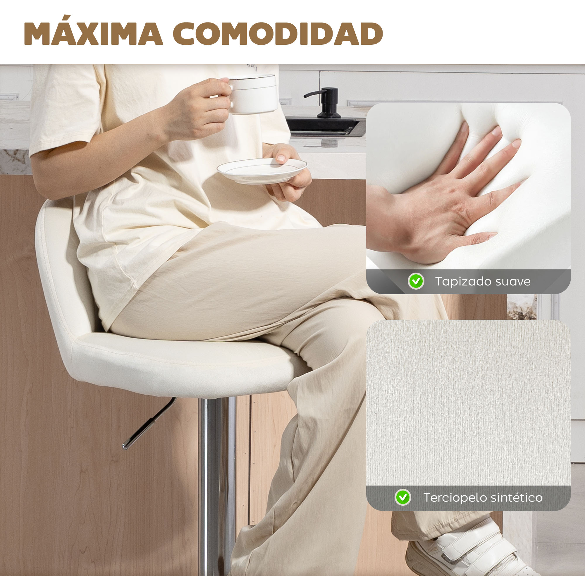 Una persona sentada en un taburete blanco. Primer plano de mano en el cojín.