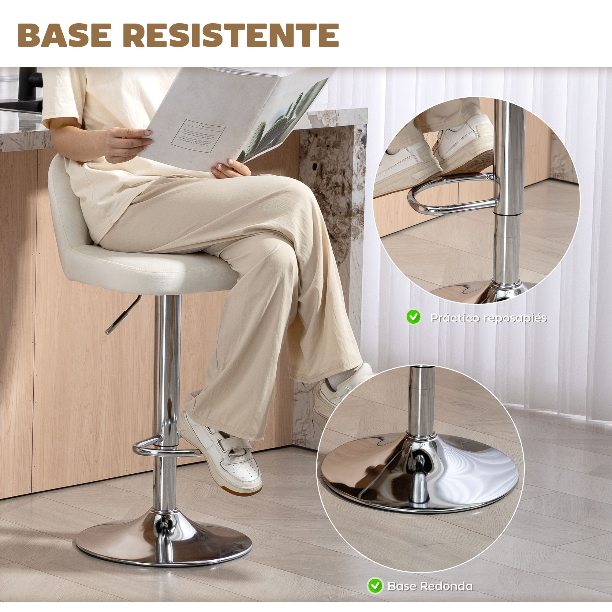 Una persona sentada en un taburete alto blanco leyendo un libro. Detalles: reposapiés y base redonda.