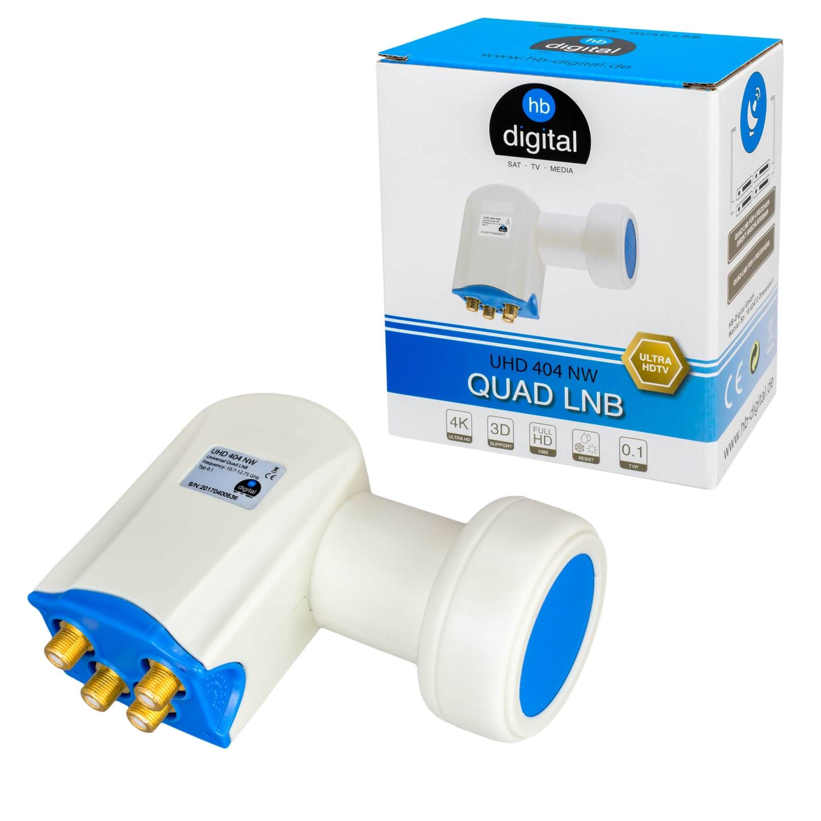 Ein weißer Quad LNB mit blauen Akzenten und vier goldenen Anschlüssen liegt neben seiner Verpackung.