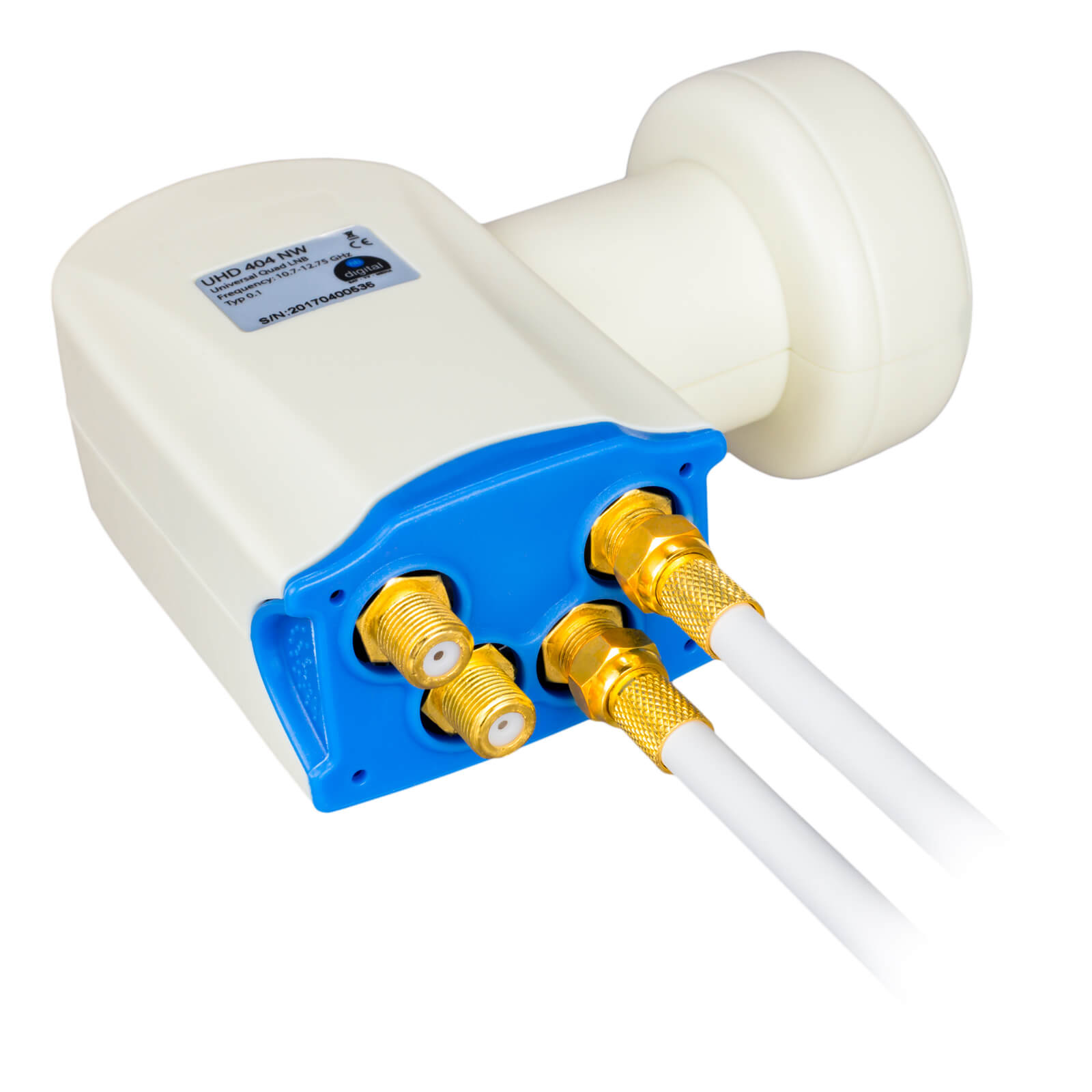 Ein weißer Quad LNB mit blauem Anschlussfeld und vier goldenen Anschlüssen.