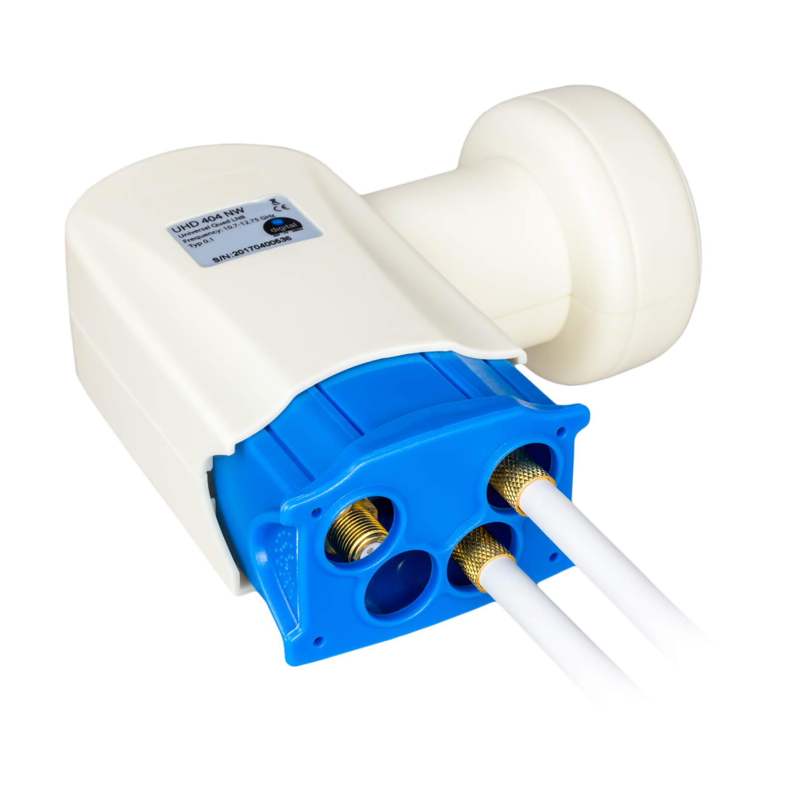 Ein wei0er Quad LNB mit blauem Anschlussbereich und Kabeln.