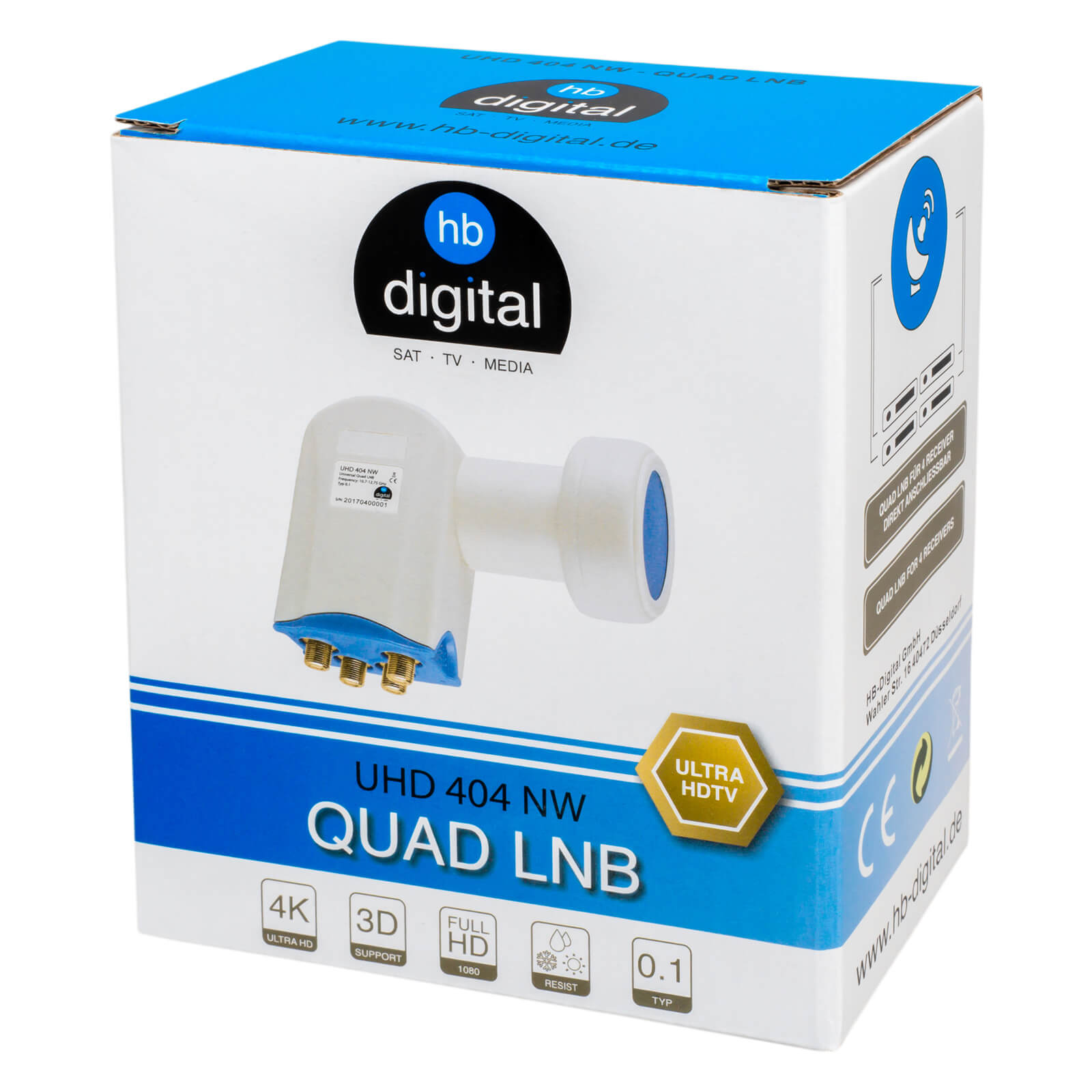 Verpackung für einen Quad LNB mit dem Modellnamen UHD 404 NW.