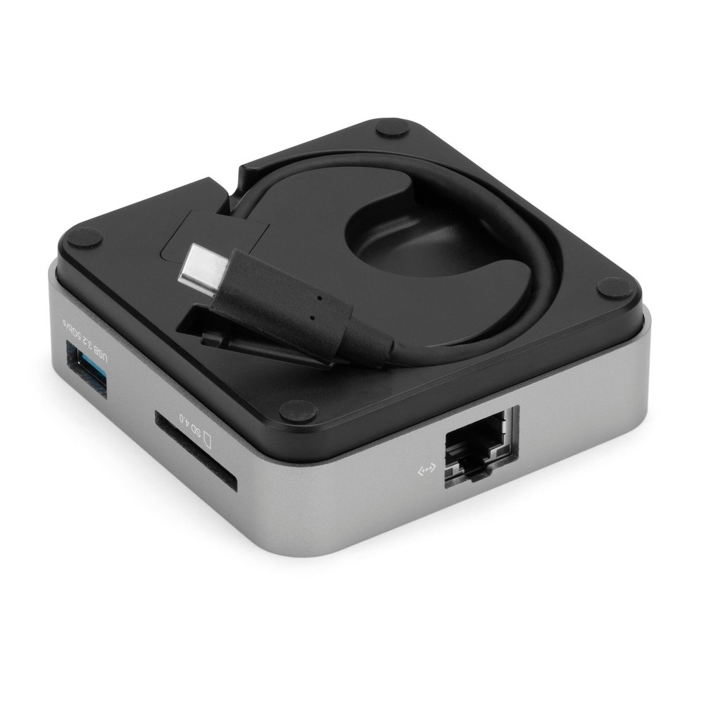 Grijze USB-C hub met SD-kaartlezer, USB-poort en Ethernet-poort.