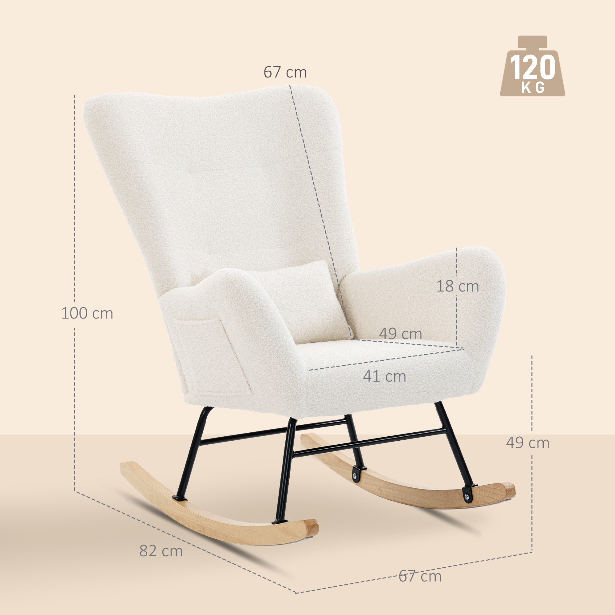 Un sillón balancín color crema con patas de metal negro y balancines de madera.