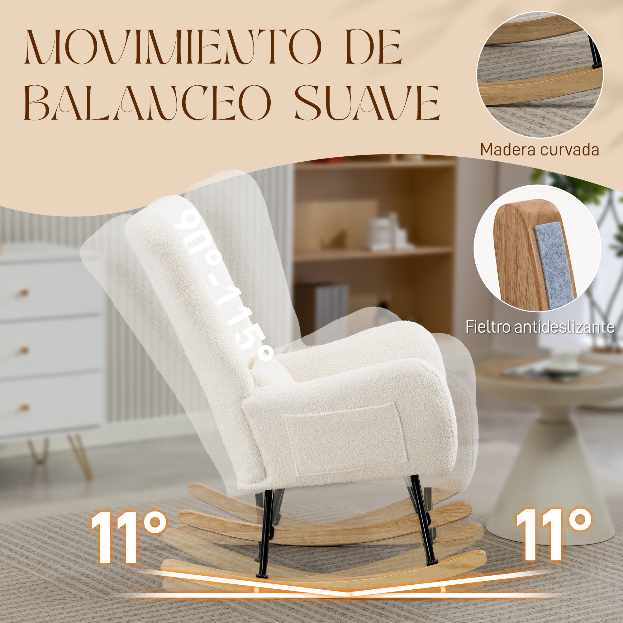 Una mecedora blanca con balancines de madera y patas negras, que demuestra un suave movimiento de balanceo de 11 grados.