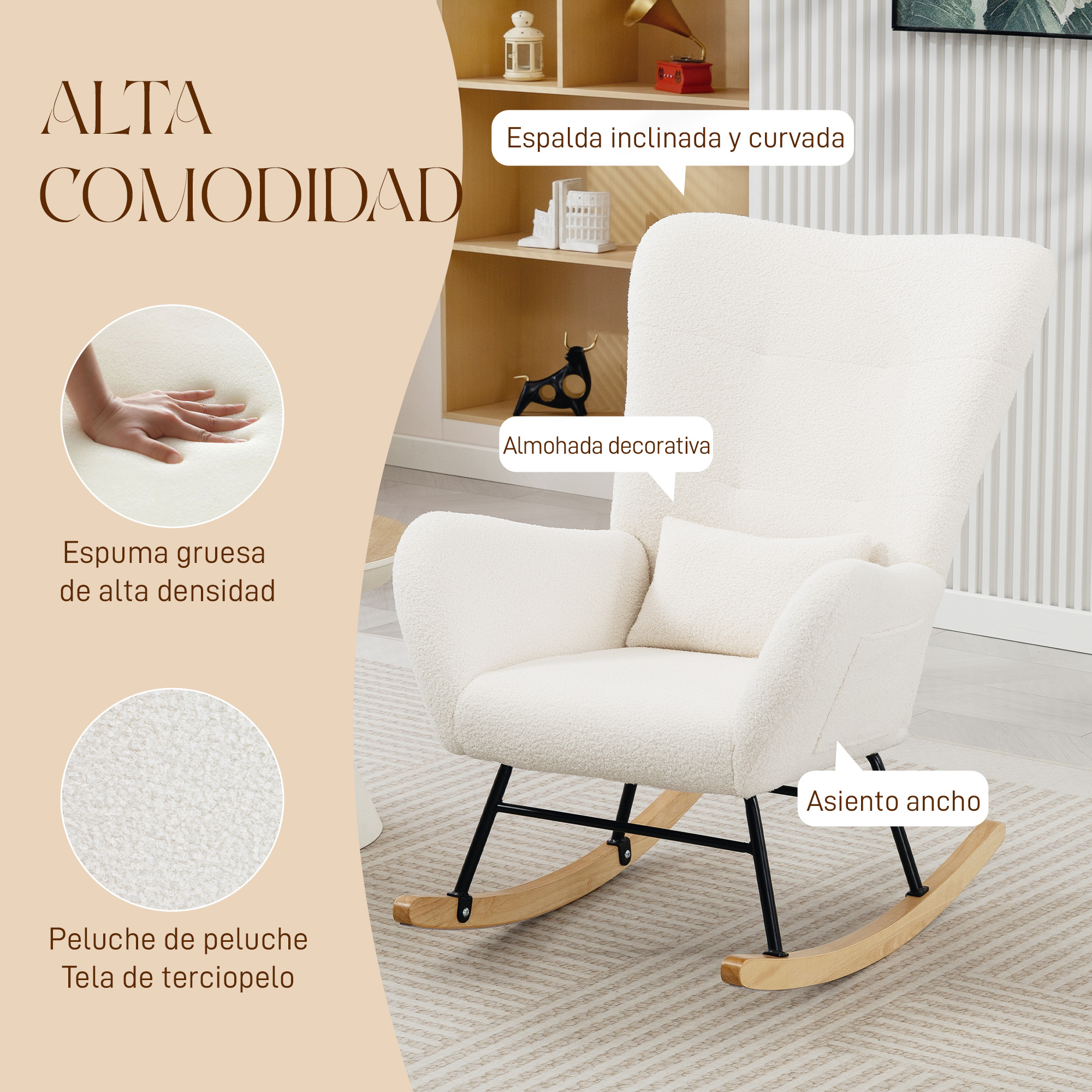 Un cómodo sillón balancín blanco con tela de peluche, balancines de madera y cojín.