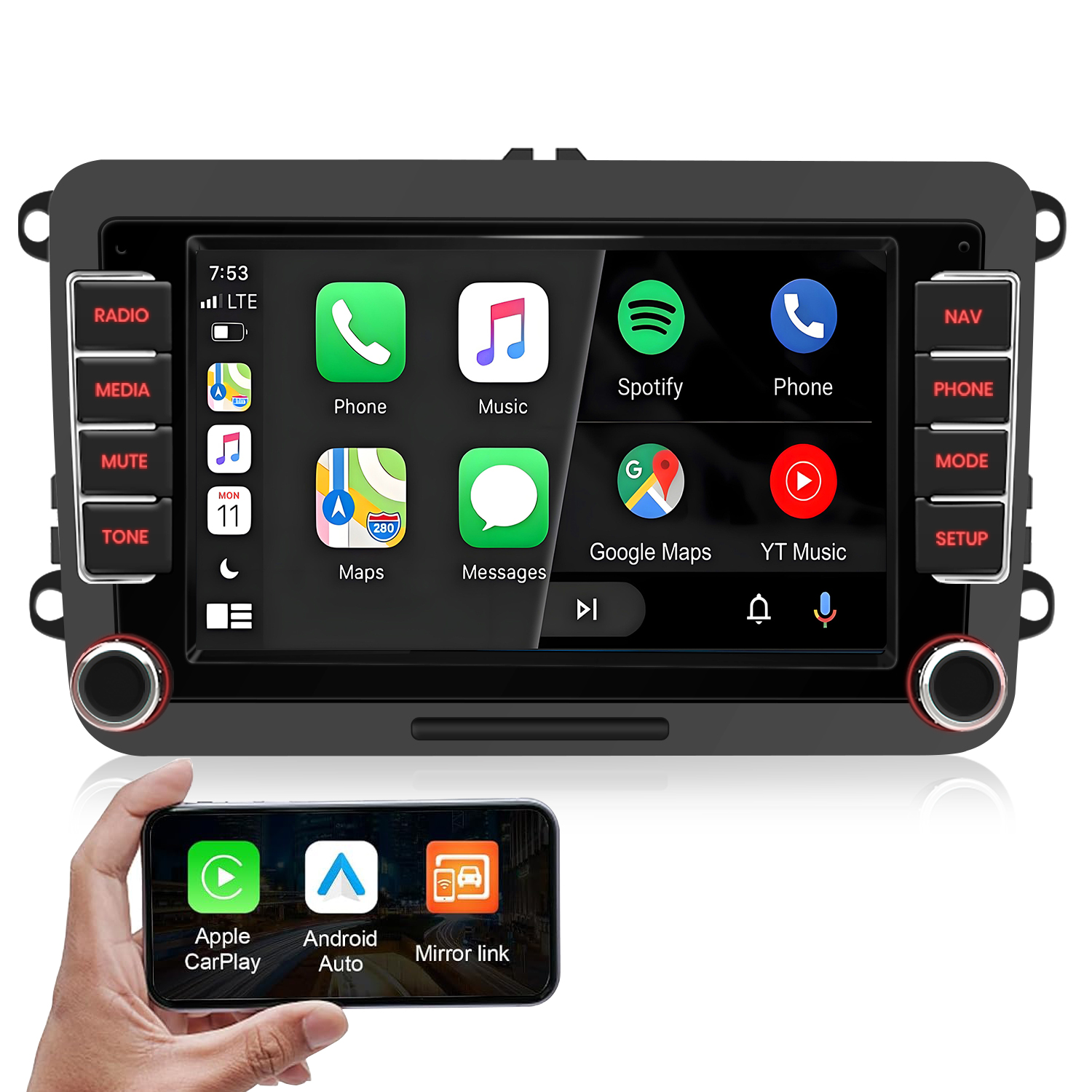 Ein Autoradio mit Digitalanzeige, die App-Symbole wie Telefon, Musik, Spotify und Karten zeigt. Darunter hält eine Hand ein Telefon mit Apple CarPlay, Android Auto und Mirror Link Optionen.