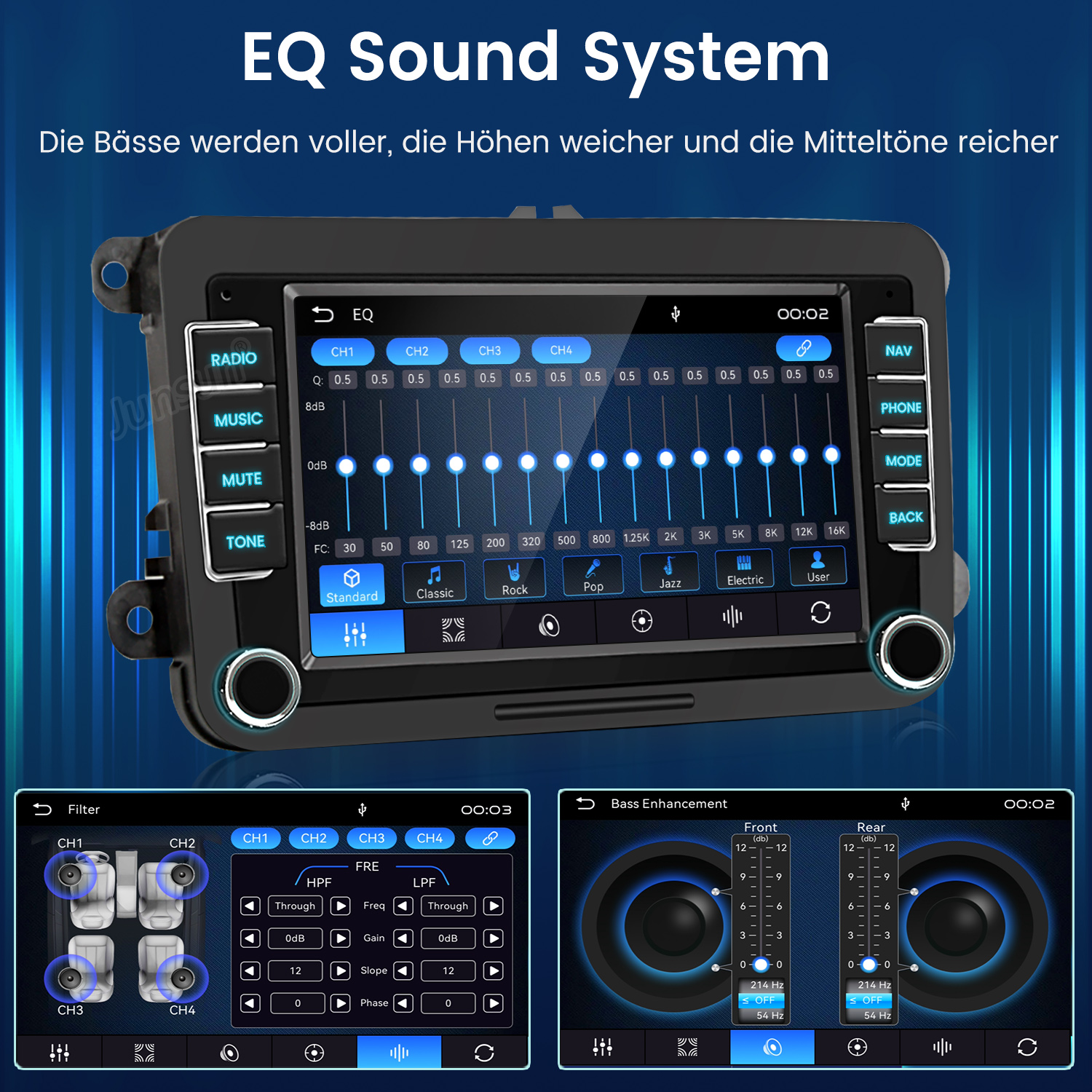 Ein Auto-Infotainmentsystem mit EQ-Einstellungen, Filter und Bass-Anzeige.