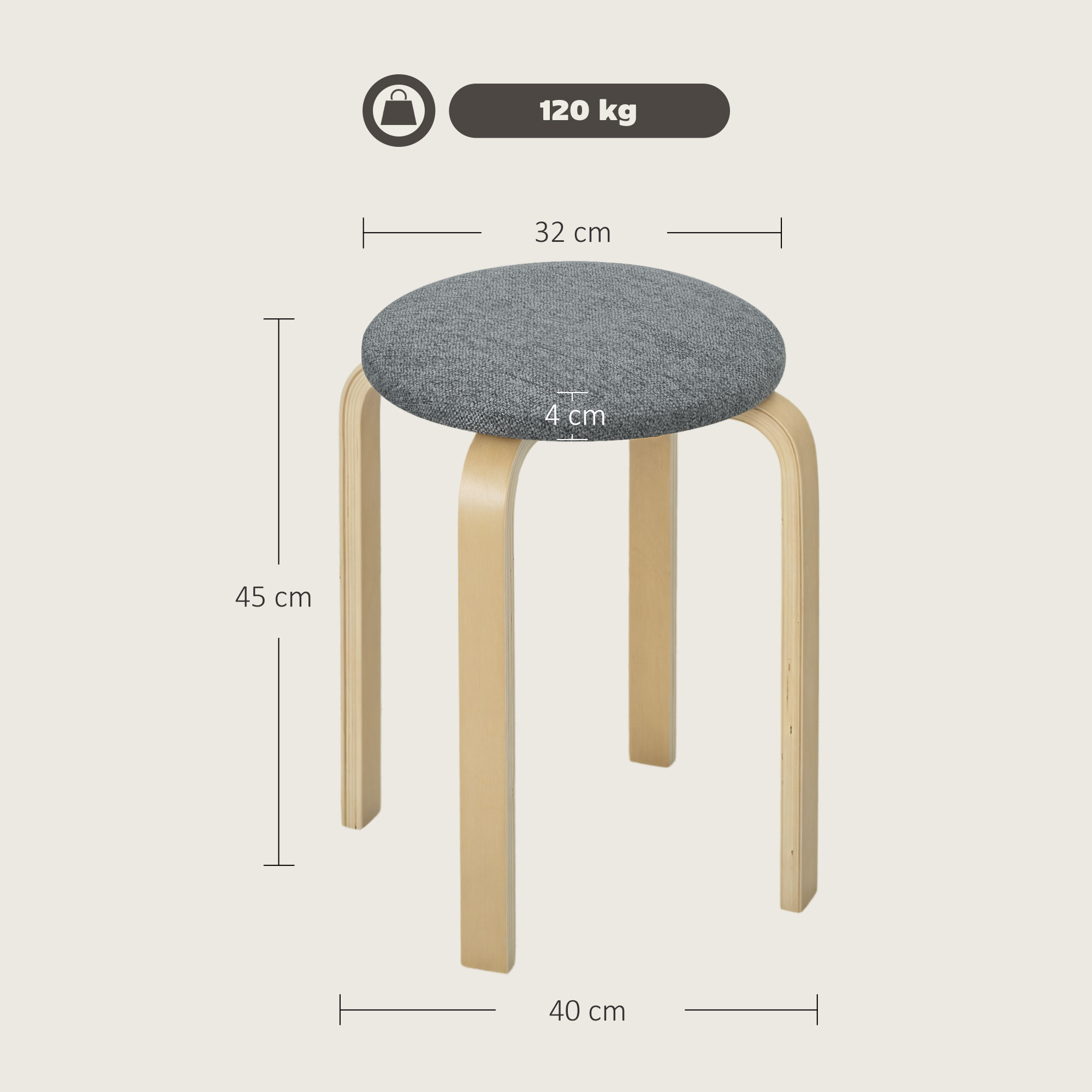 Taburete tapizado gris con patas de madera, 32x45 cm, 120 kg.
