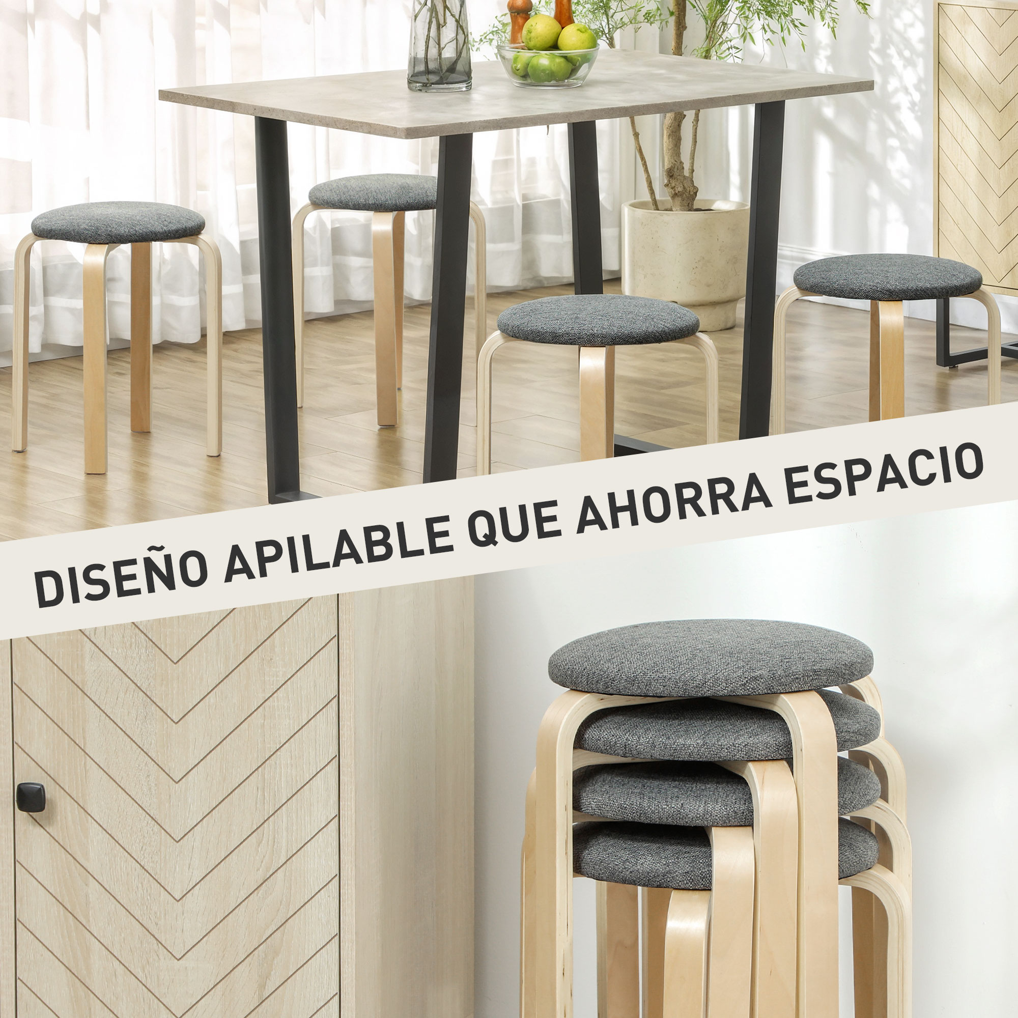 Una mesa de comedor con cuatro taburetes cerca y un armario al fondo.