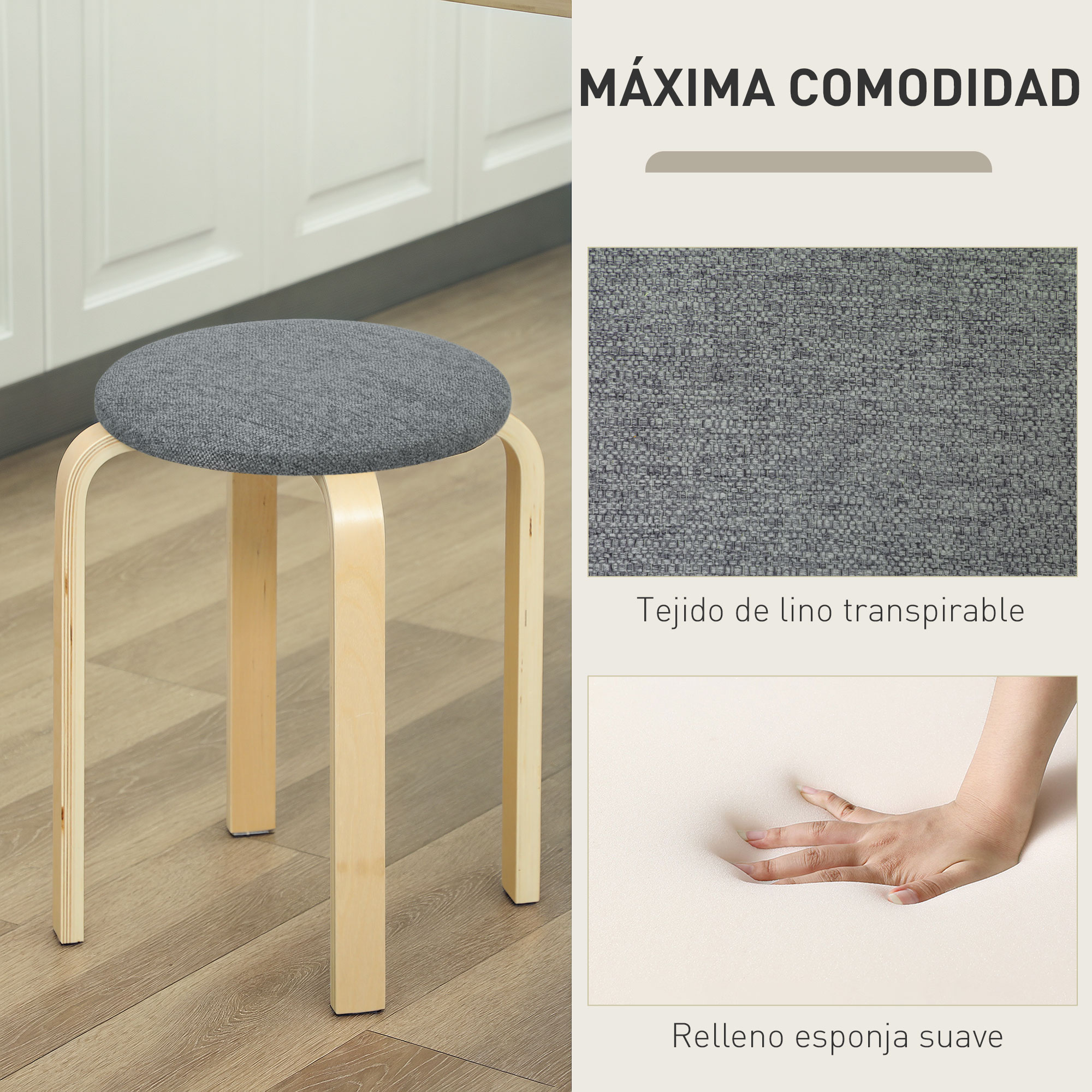 Un taburete gris con patas de madera sobre suelo de madera, frente a armarios blancos.