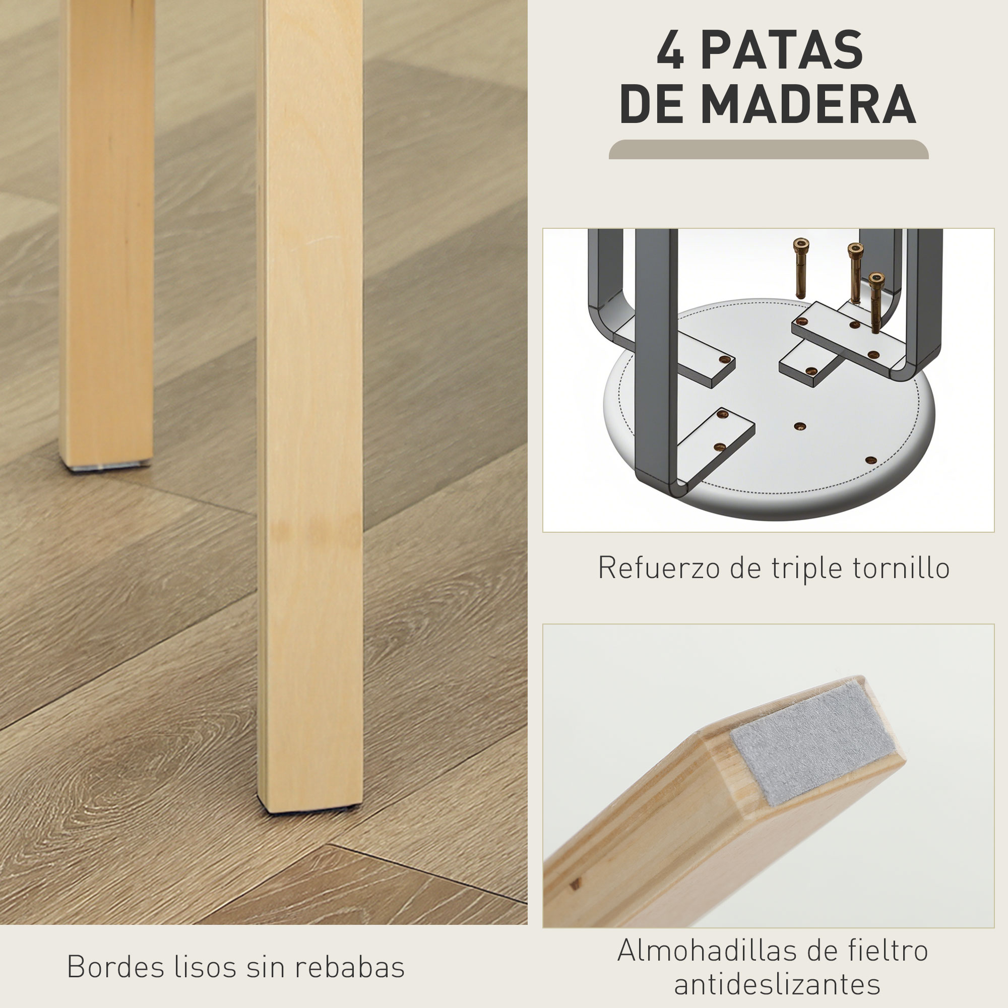 Patas de madera con almohadillas de fieltro y refuerzo.