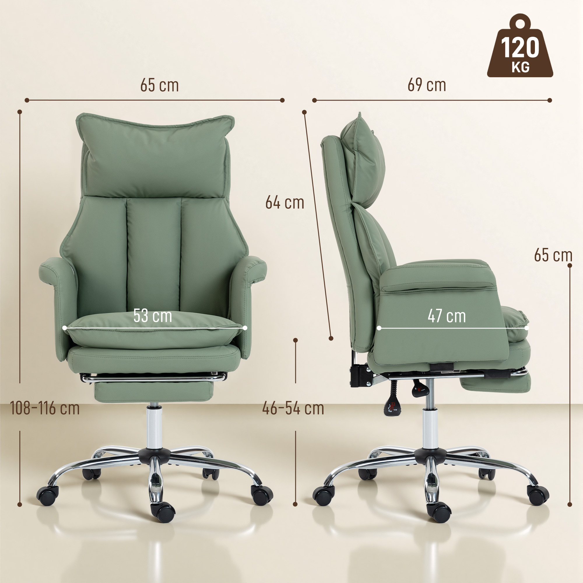 Silla de oficina verde con medidas: 65cm ancho, 64cm alto, 108-116cm altura total.