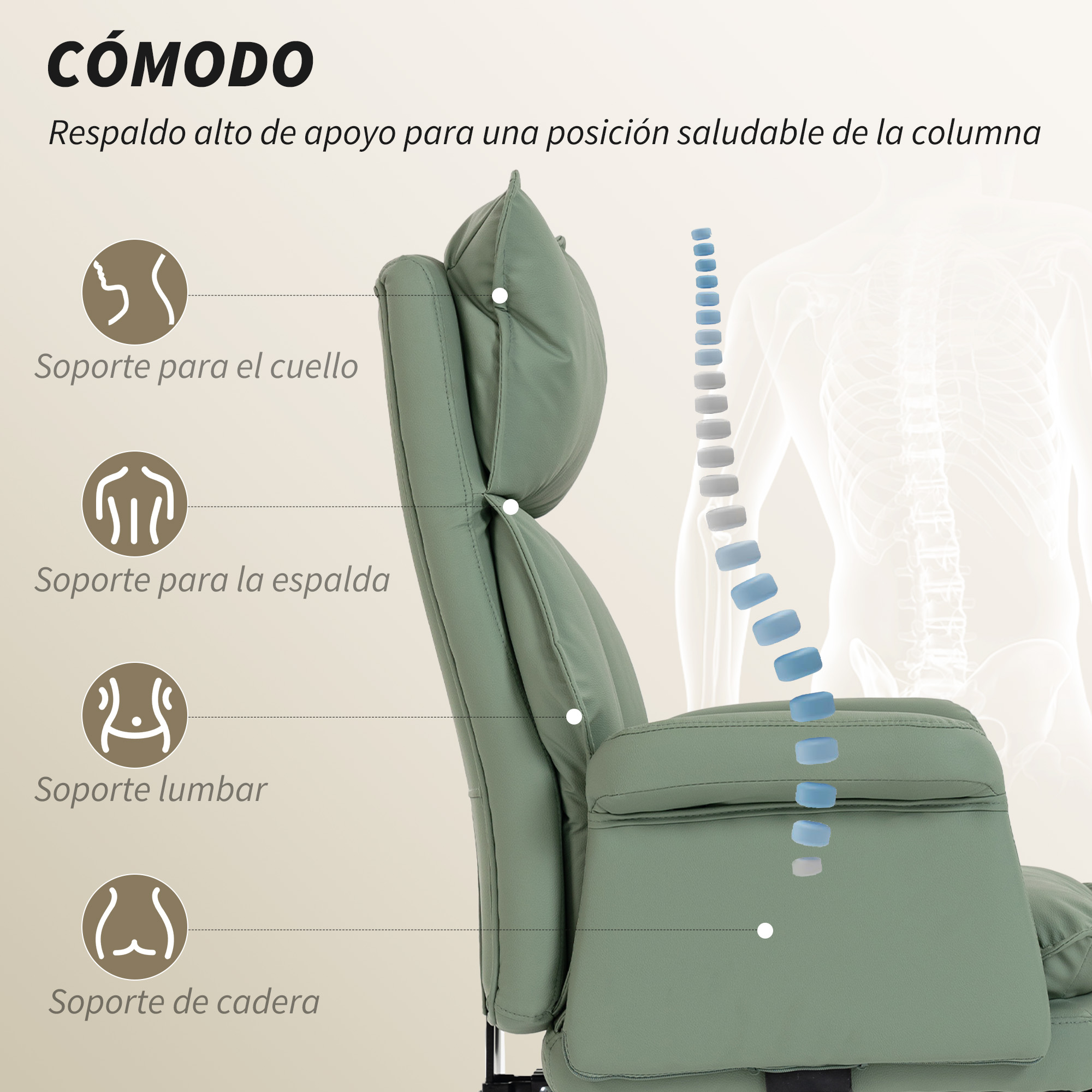 Sillón verde con soporte para columna en cuello, espalda y caderas.