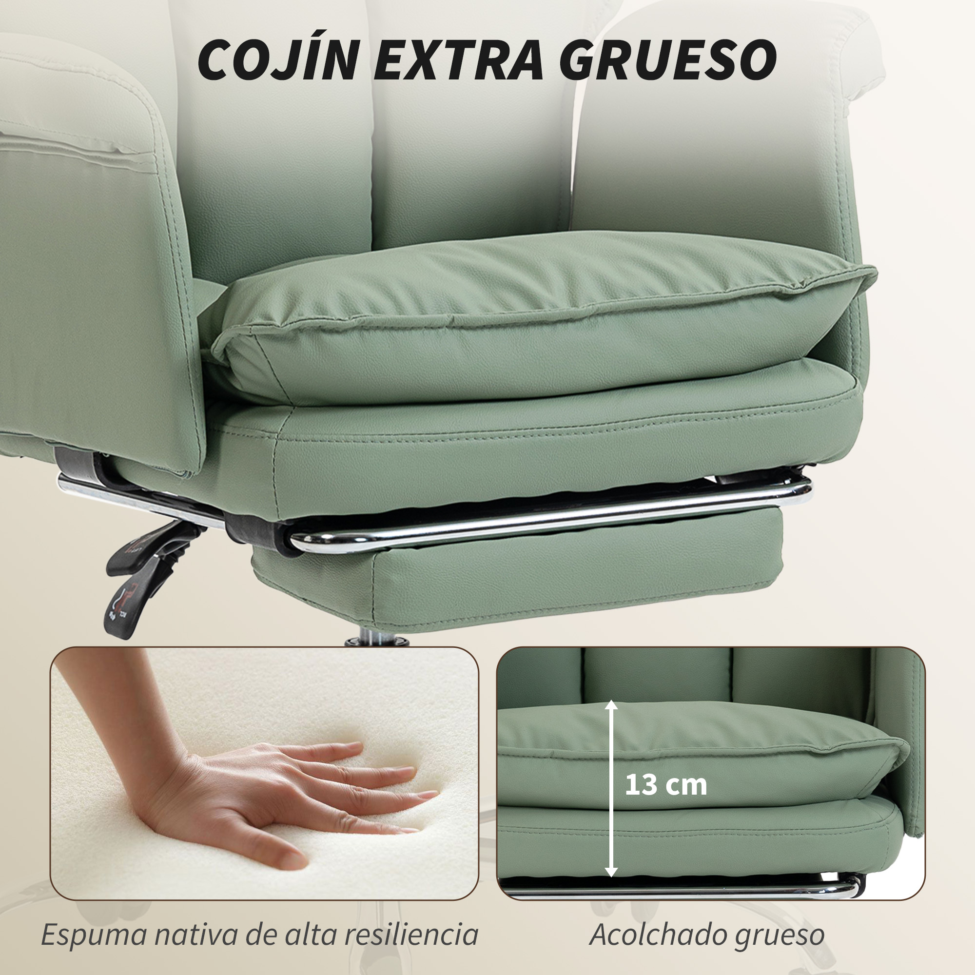 Silla de oficina verde con acolchado grueso de 13 cm. Una imagen muestra una mano presionando espuma.