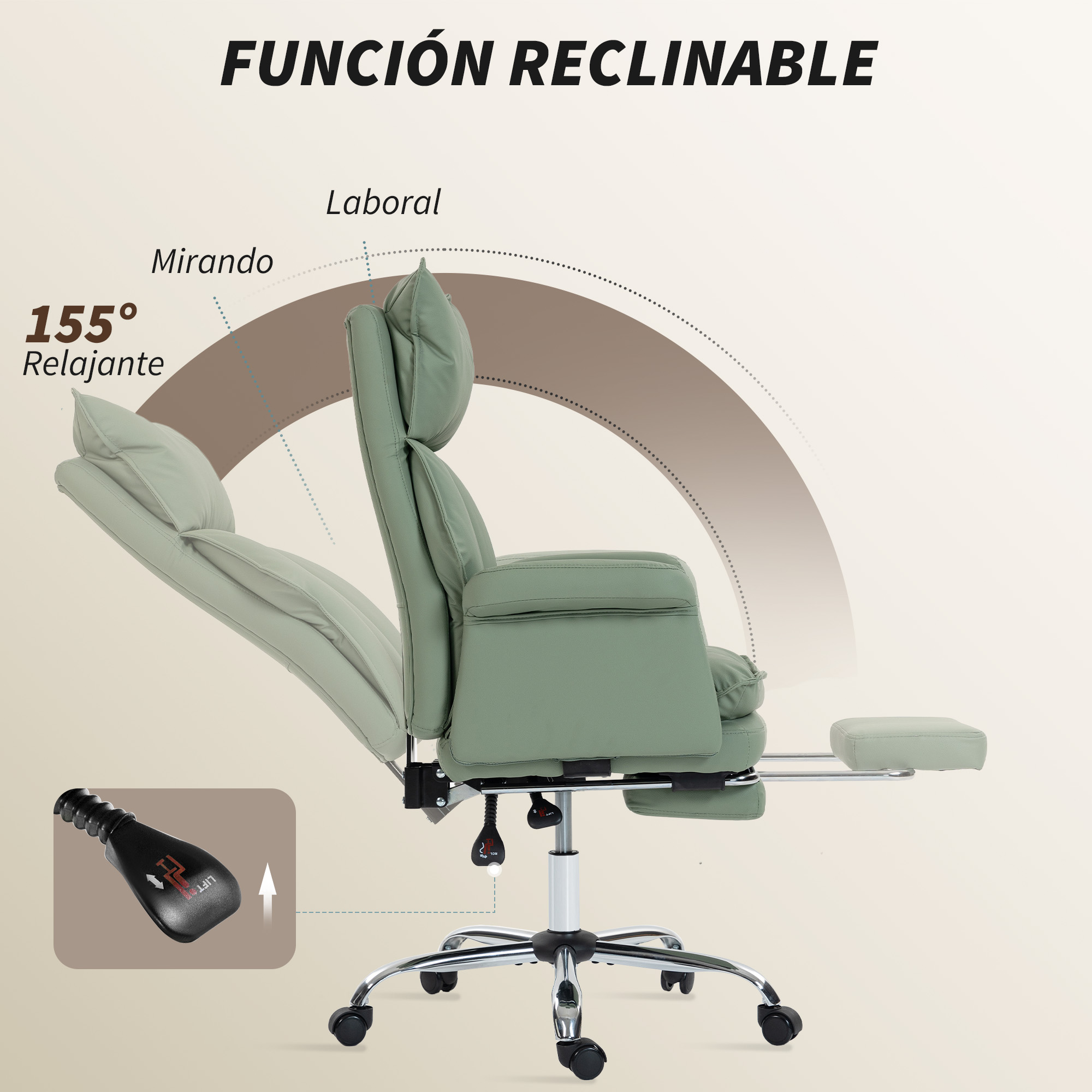 Una silla de oficina verde claro con reposapiés extraíble y respaldo ajustable.