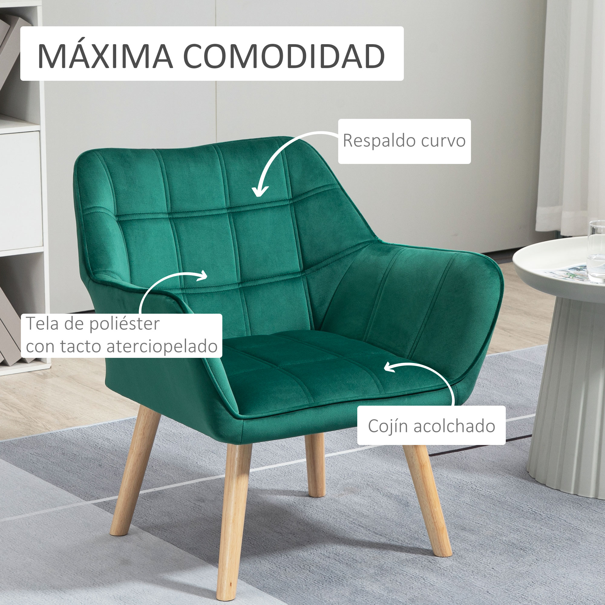 Un sillón verde con patas de madera, asiento acolchado y respaldo curvo.