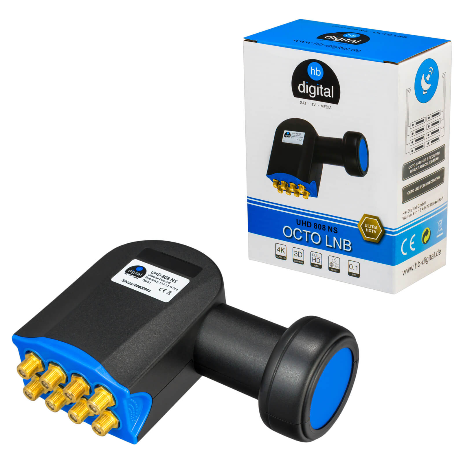 Octo LNB mit acht Anschlüssen und Verpackung. Blau und Schwarz.