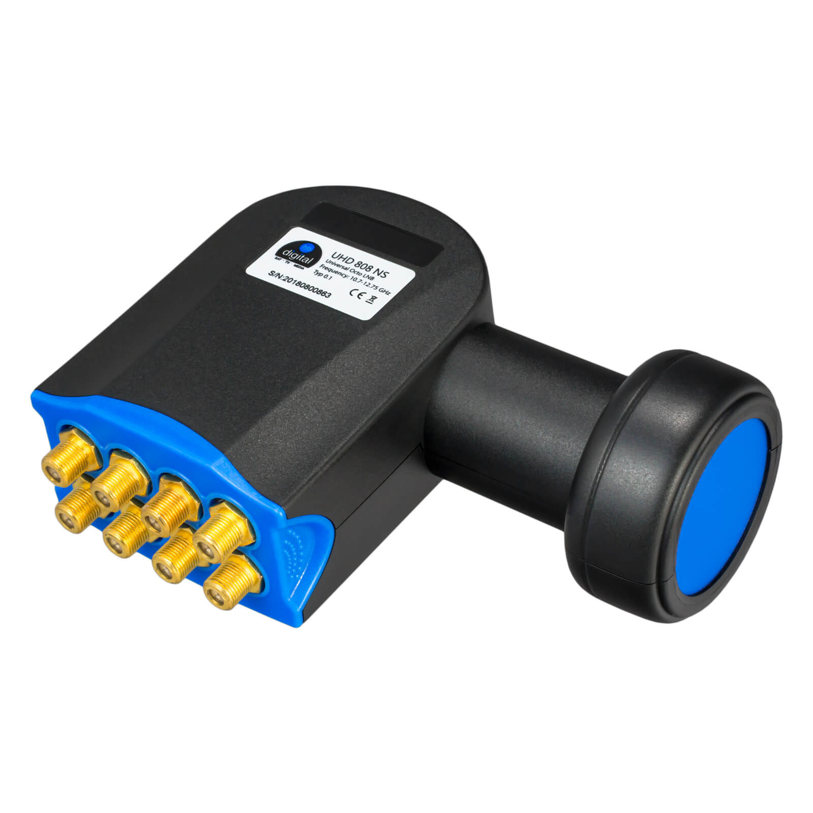 Ein schwarzer LNB mit blauem Akzent und acht goldenen Anschlüssen.