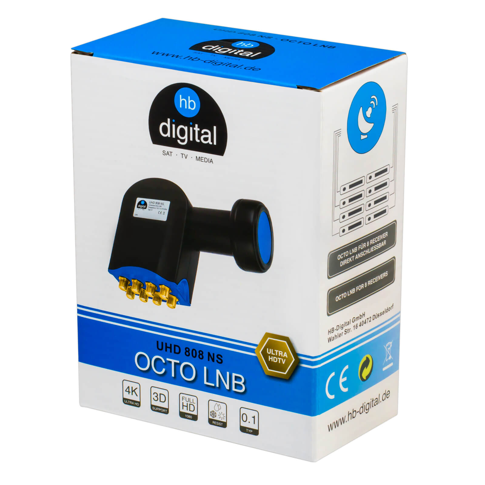 Verpackung eines Octo LNB UHD 808 NS von HB-Digital mit Satelliten-Symbol und Anschlussübersicht.