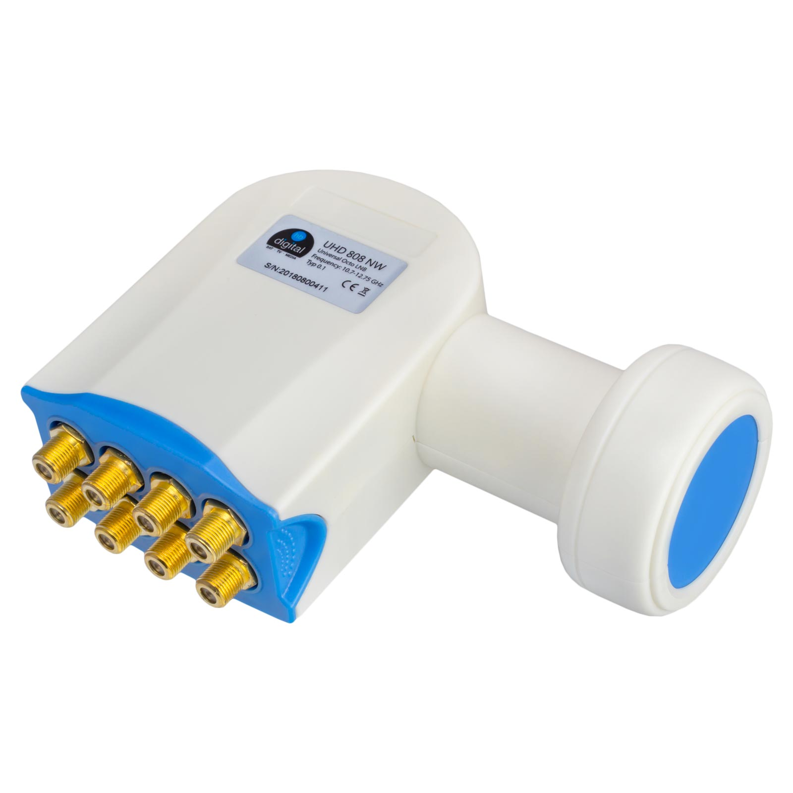 Weißer LNB mit blauen Akzenten, acht goldene Anschlüsse auf der linken Seite.