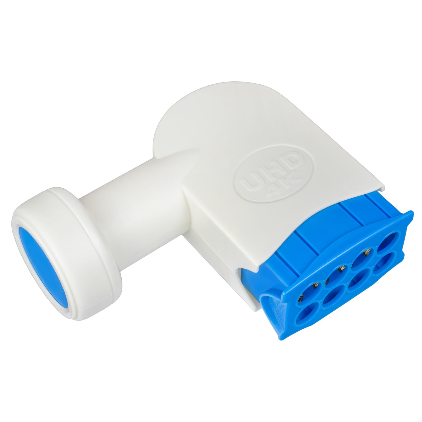 Weißer Stecker mit blauem Sockel und 6 Anschlüssen, UHD 4K.