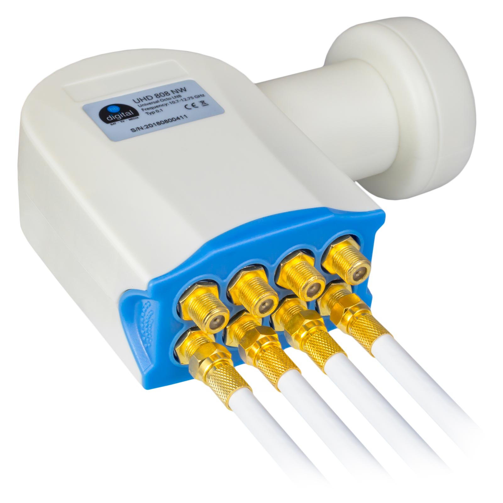 Ein weißer Universal Octo LNB mit blauem Akzent und acht goldenen Anschlüssen.