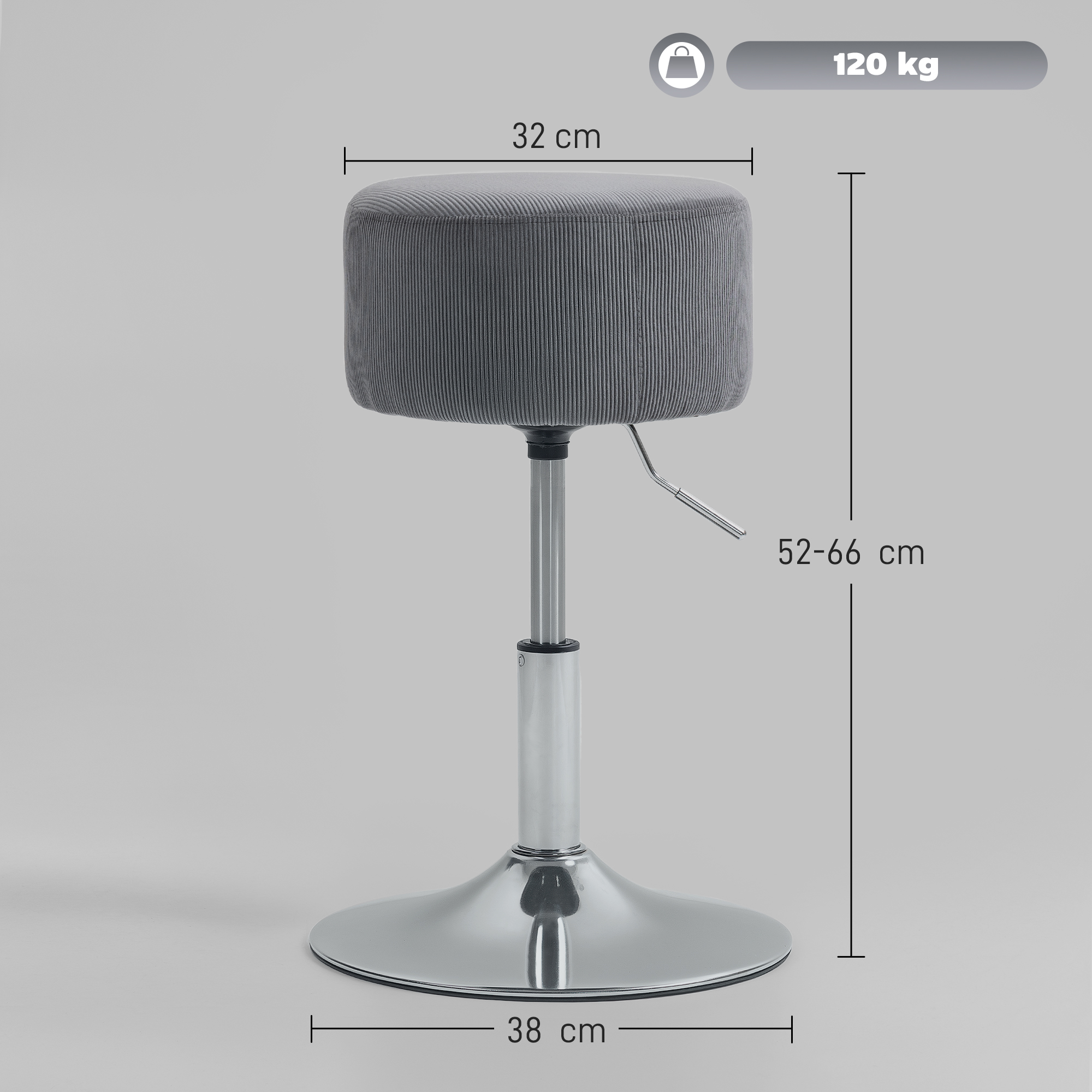 Taburete gris de altura regulable, 32 cm ancho, 52-66 cm alto, base 38 cm diámetro.