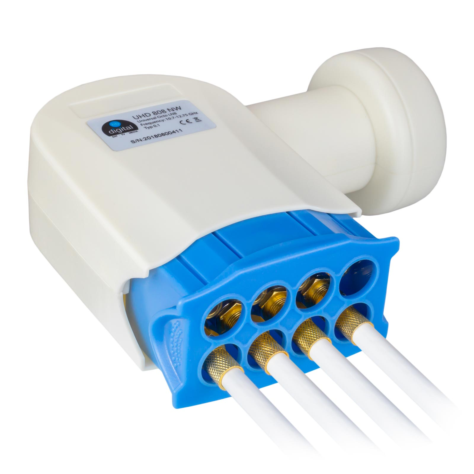 Ein weißer LNB mit blauem Anschlussblock und vier weißen Kabeln.