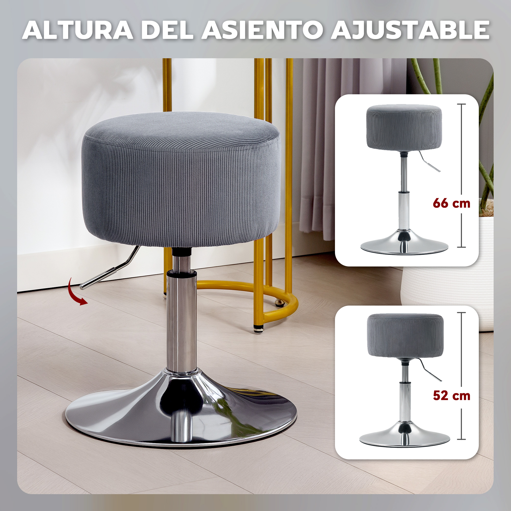 Taburete gris ajustable con base cromada. Dimensiones 66 cm y 52 cm.