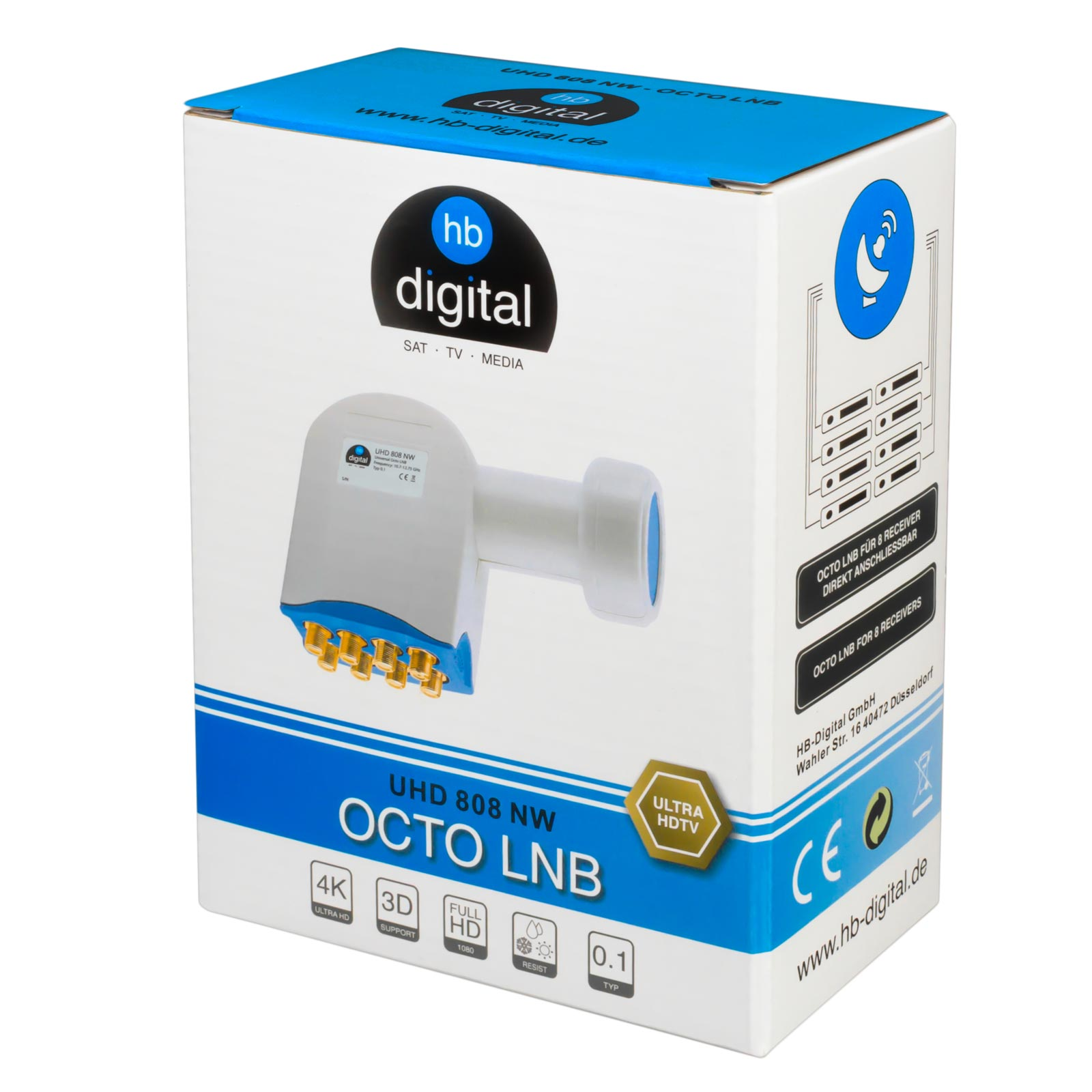 Verpackung mit einem Octo LNB für 8 Receiver, Marke HB-Digital.