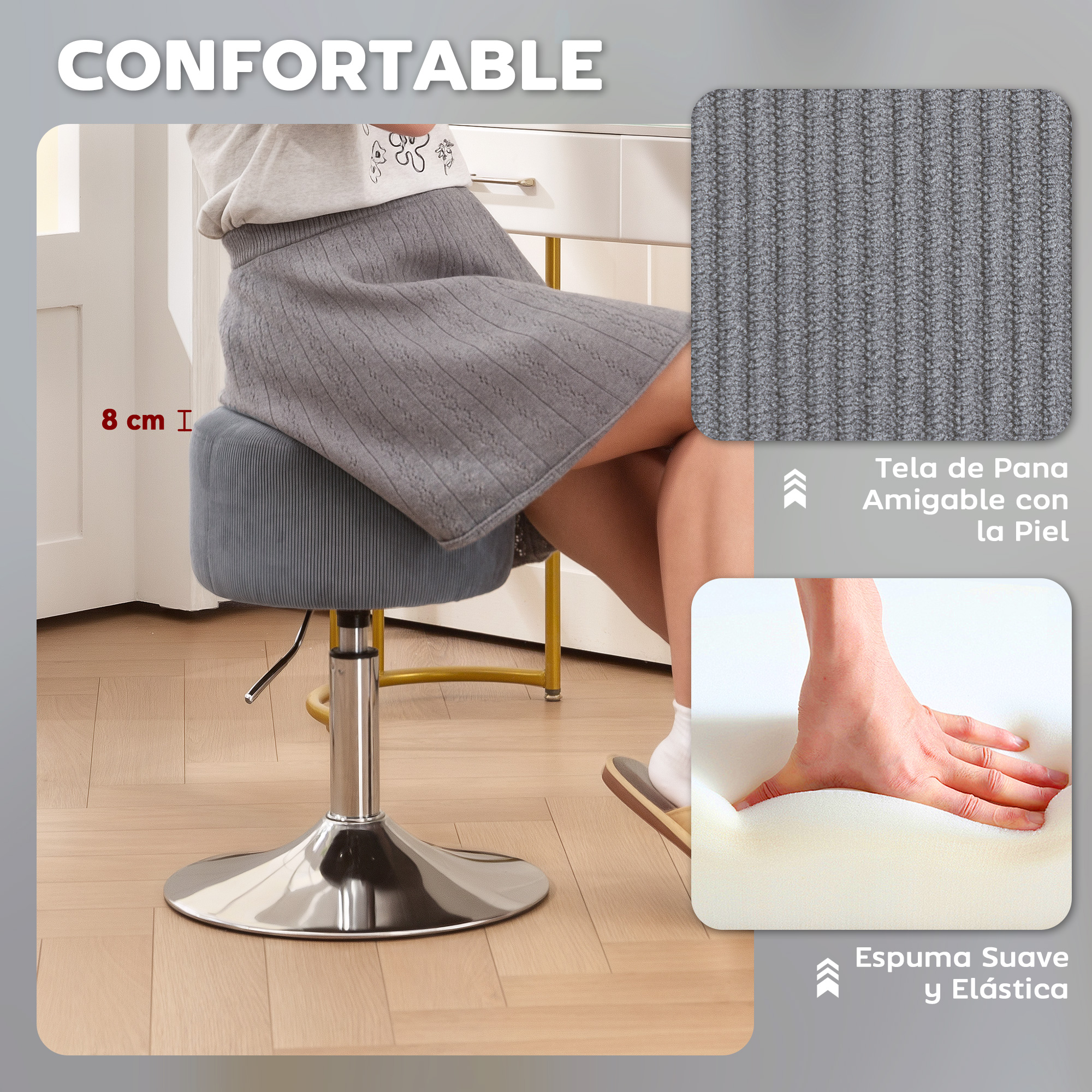Taburete gris ajustable con espuma suave y tela agradable a la piel. Altura 8 cm.