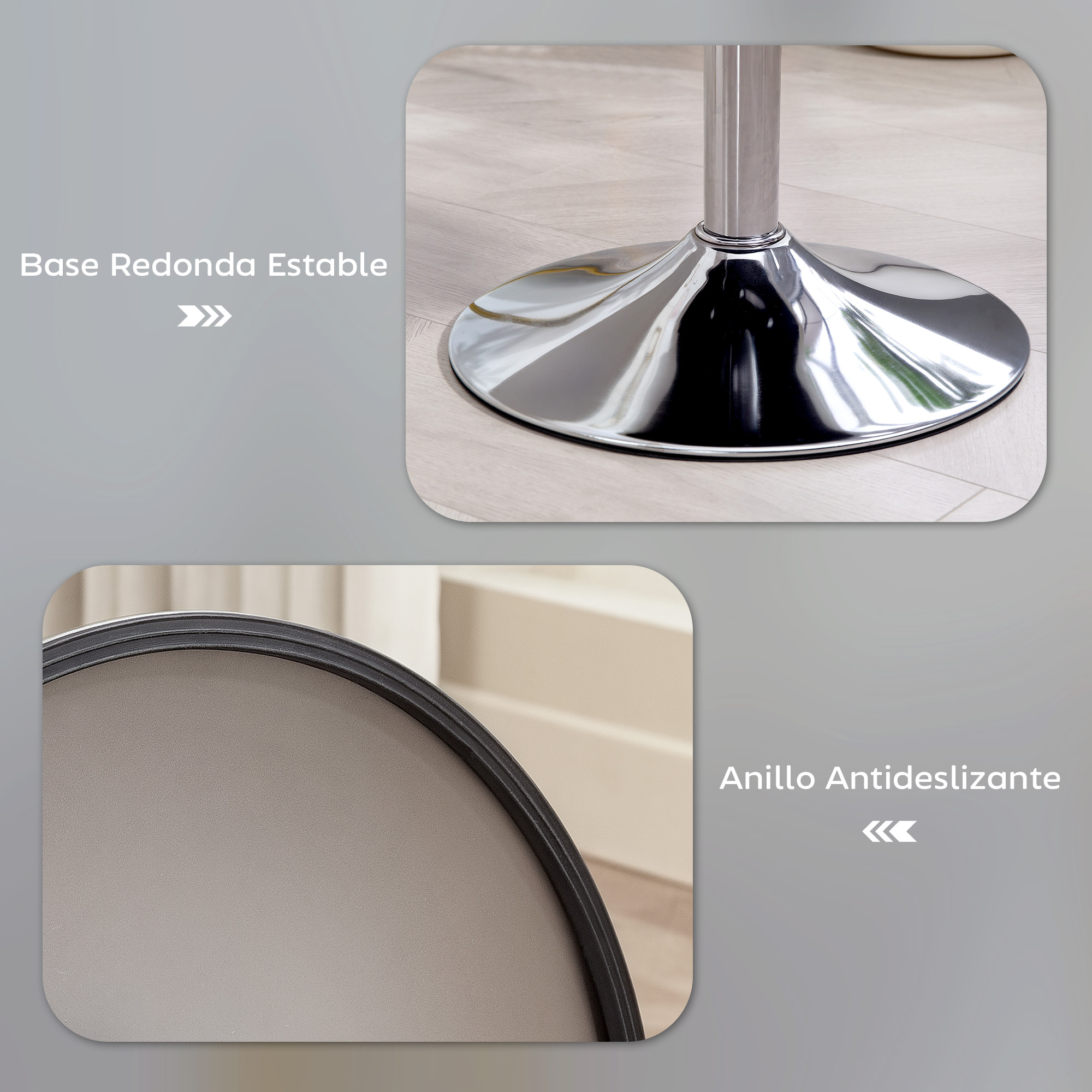 Base cromada con pedestal redondo y anillo antideslizante negro.