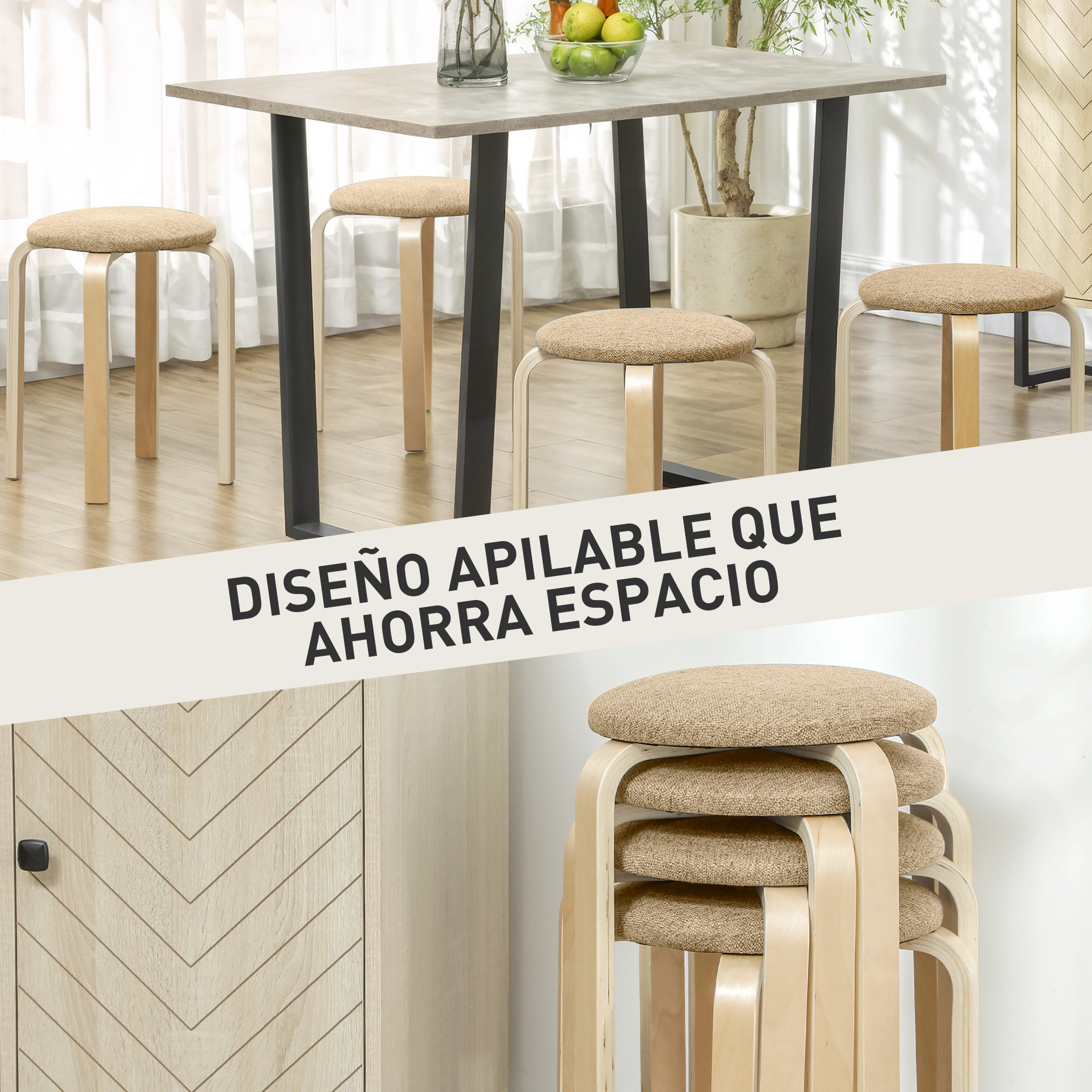 Una mesa con cuatro taburetes, algunos apilados, en una habitación luminosa.