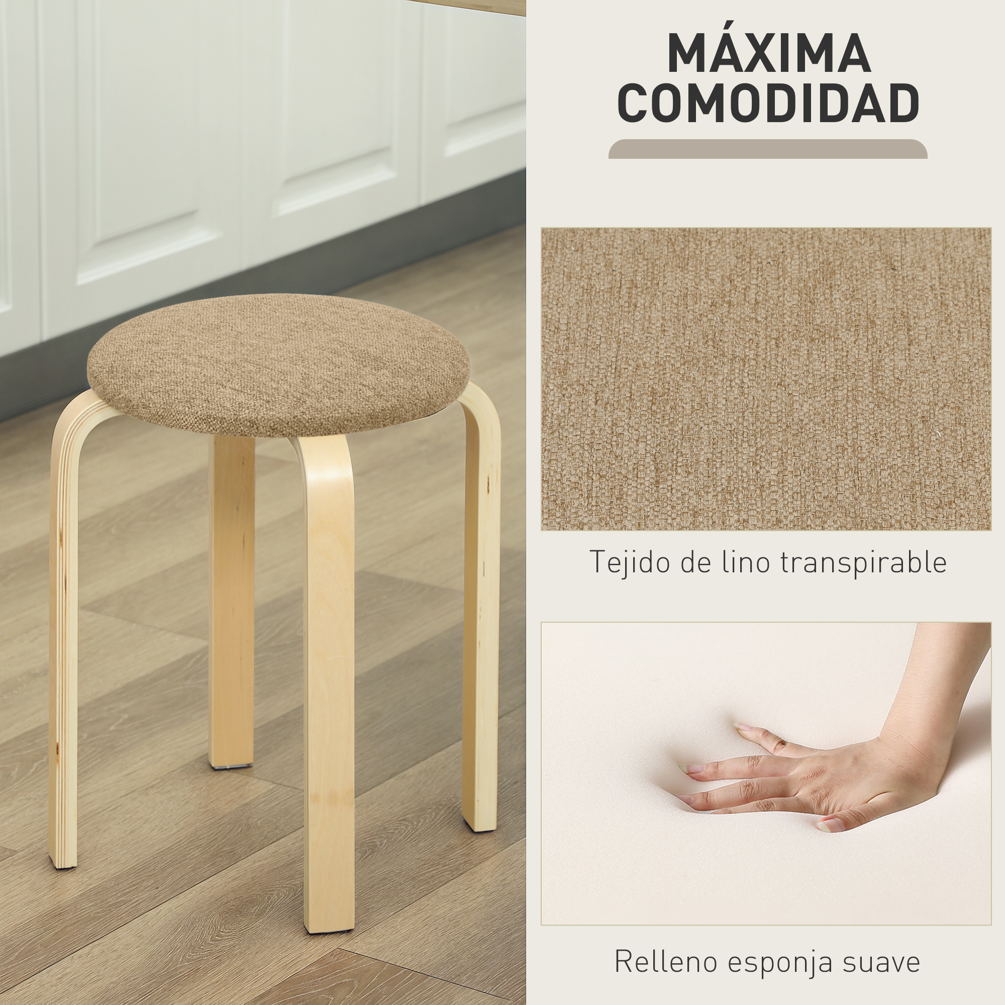 Un taburete de madera clara con asiento de tela marrón sobre suelo de madera.