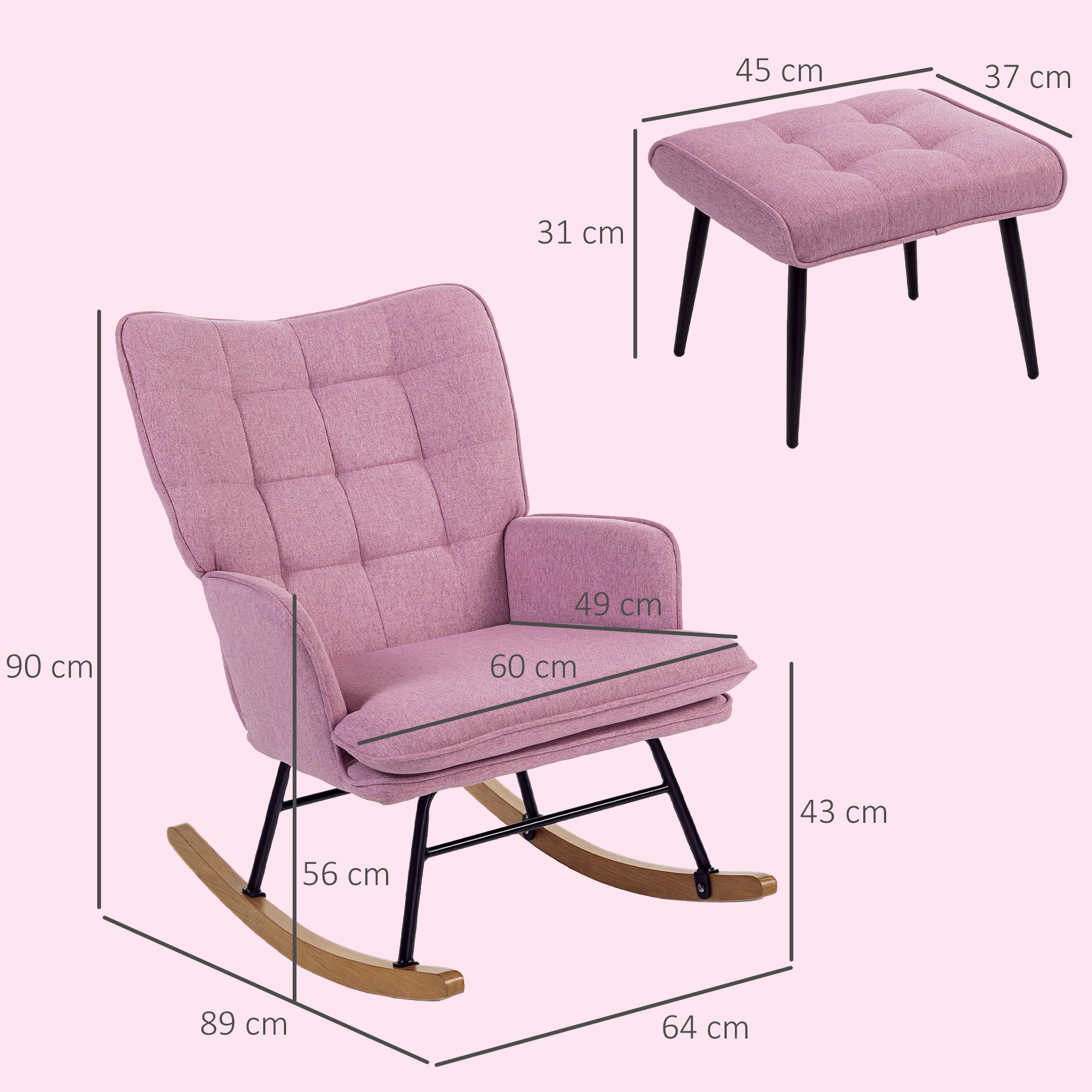 Mecedora rosa con otomana y dimensiones sobre fondo rosa.